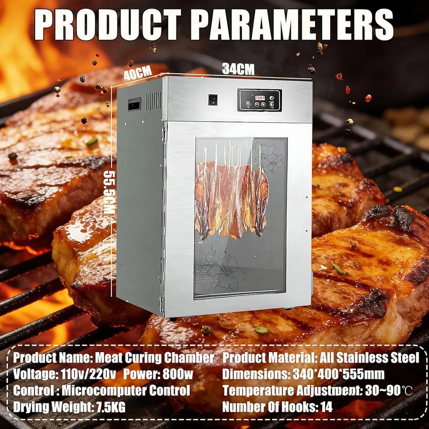 Suszarka do żywności, Większa niż 10 półek z dużą przestrzenią suszenia 32L, Tace ze stali nierdzewnej, 800W Szybsze suszenie, Suszarka 90°C do jerky, ziół, mięsa, owoców, jogurtu, Srebrna