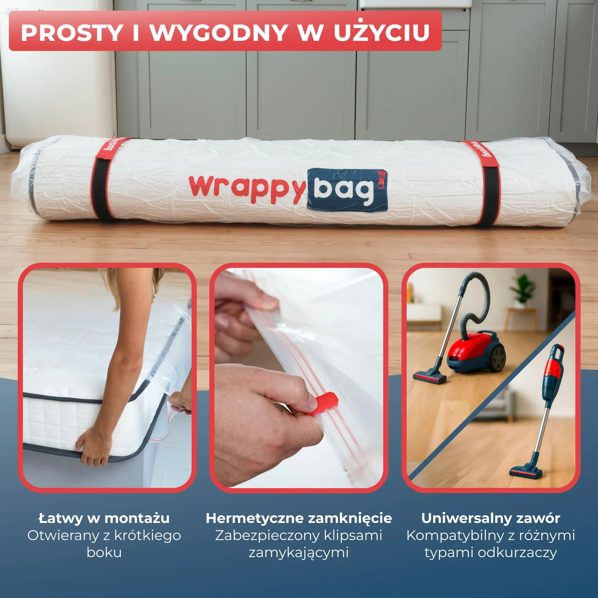 Worek Próżniowy na Materac 70x140cm Wodoodporny Zestaw z Klipsami i Paskami na Rzep