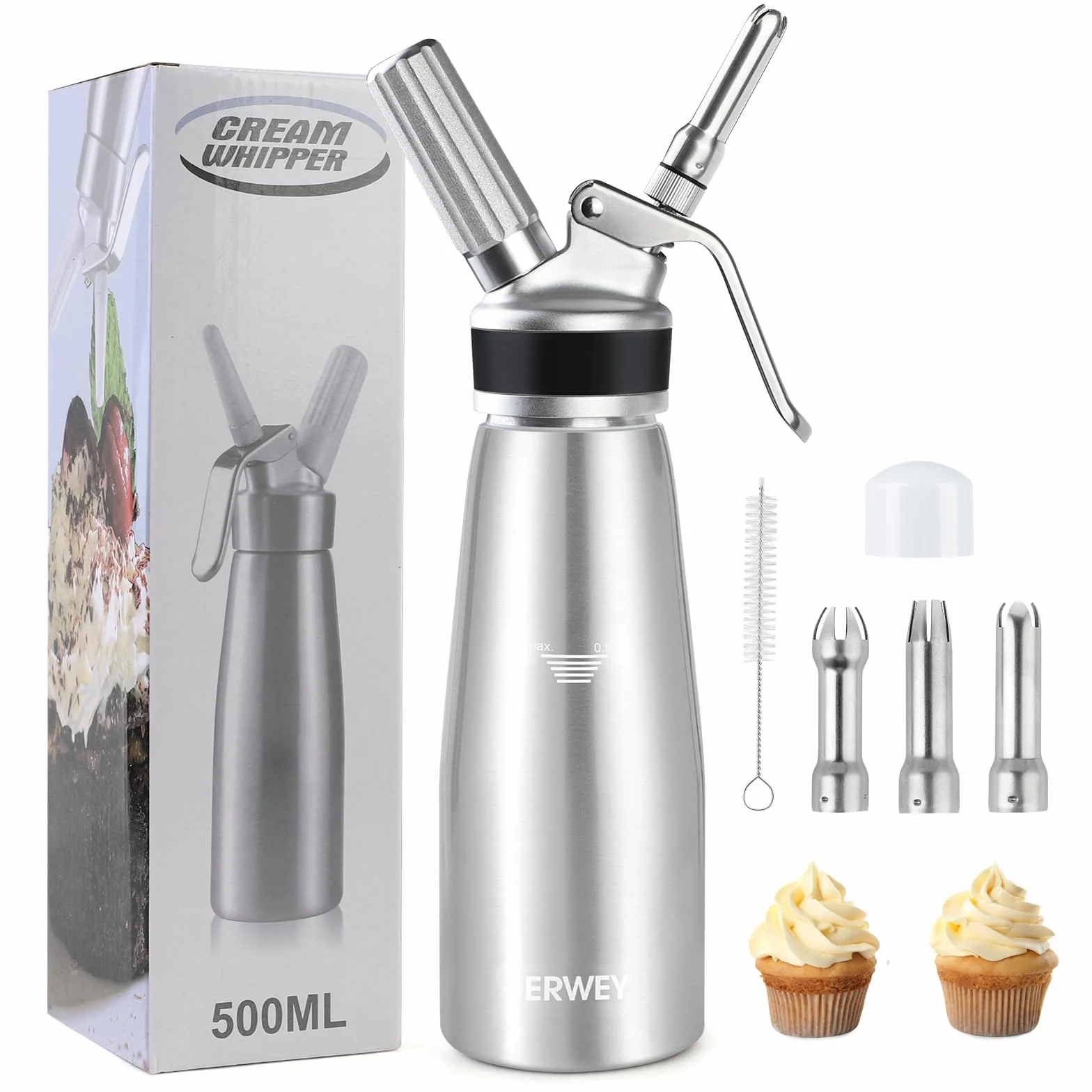ERWEY Dozownik do śmietany 500 ml, syfon do śmietany, ze aluminiowy, szczelny, łatwy do czyszczenia, z 3 końcówkami i 1 szczotką do czyszczenia, dozownik bitej śmietany, do kuchni, na imprezę