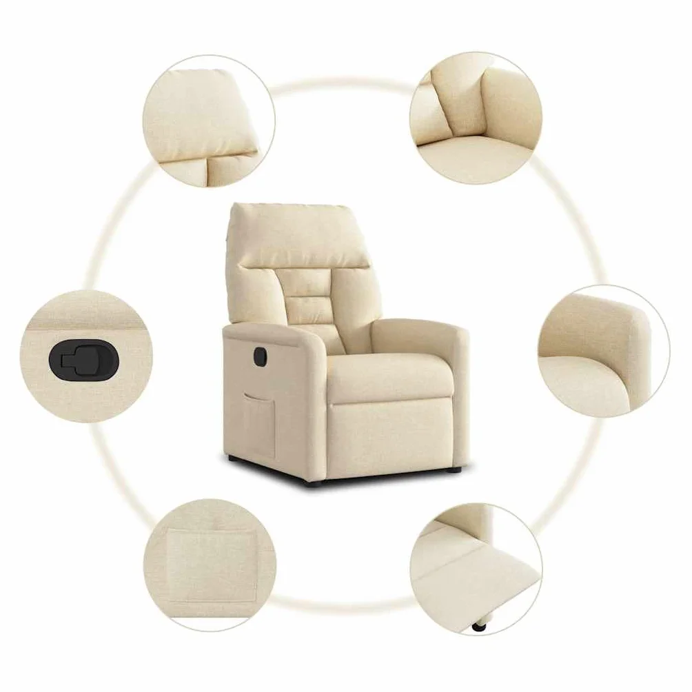 Fotel relaksacyjny w kolorze kremowym, z ręczną funkcją leżenia, regulowane oparcie do 135 stopni, drewniana rama metalowa, ergonomiczny, wygodny fotel do salonu, biura, kącik do czytania