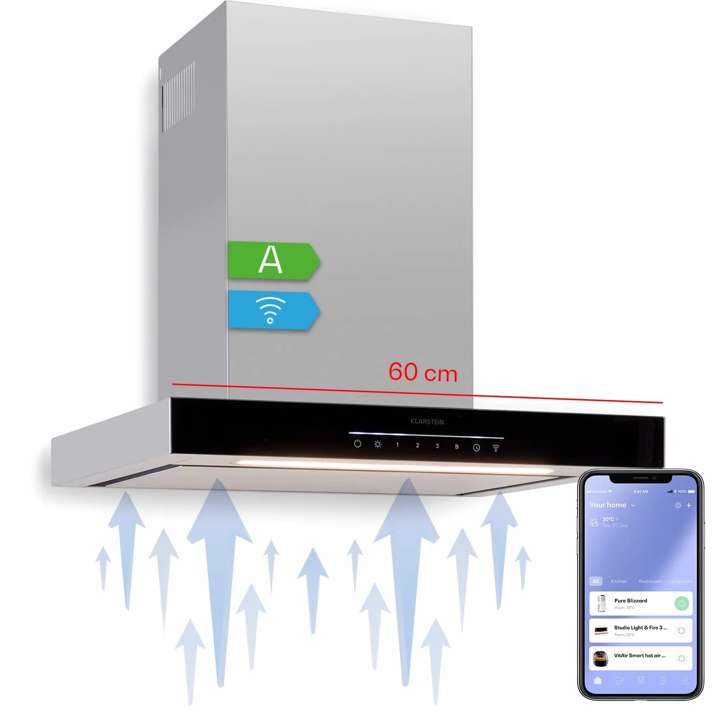 Klarstein Okap kuchenny 60 cm, obieg / wywiew, okap kuchenny z filtrem, strumień powietrza 577,8 m³/h, okap ścienny ze sterowaniem Wi-Fi i diodami LED, okap kuchenny 60 cm