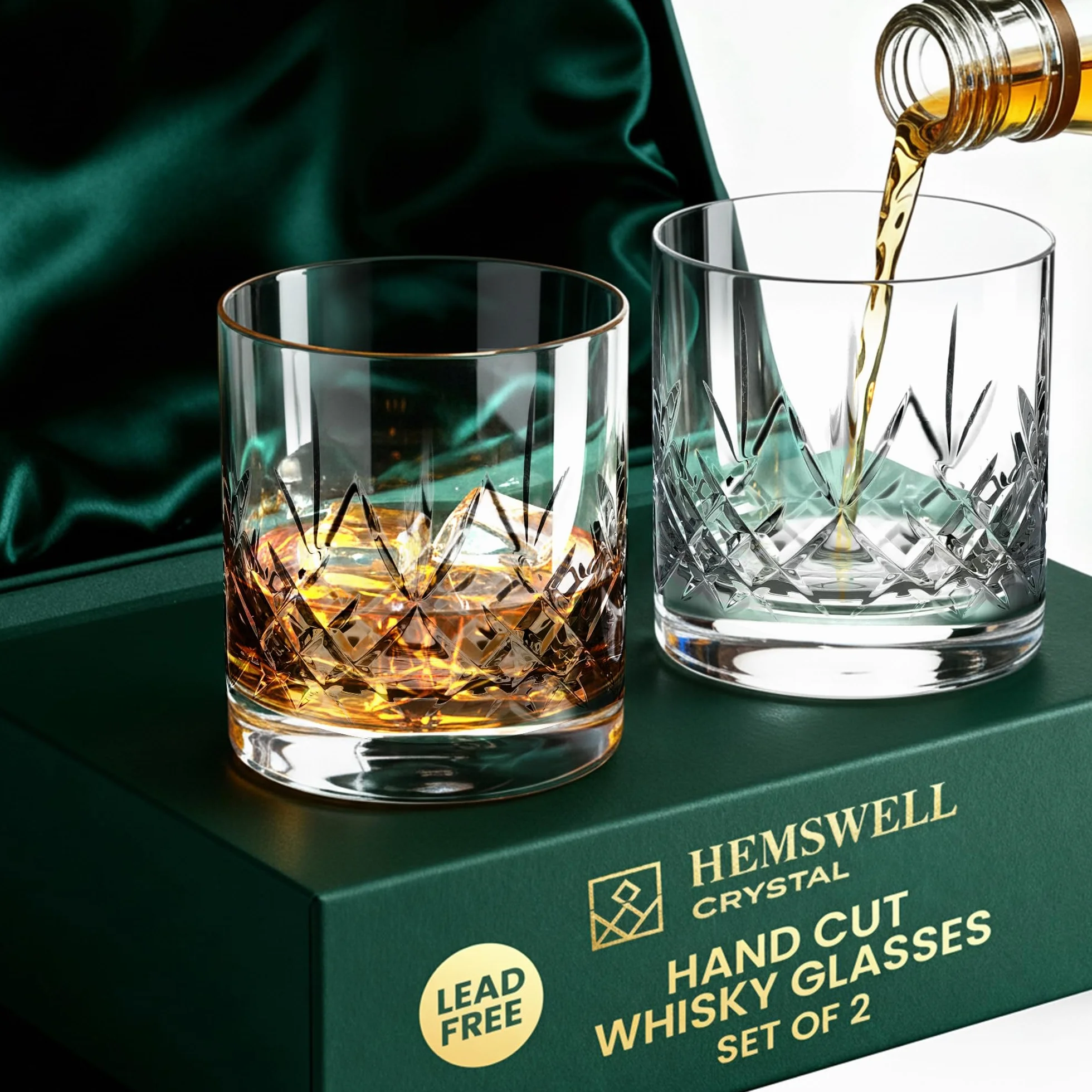 Szklanki do whisky, kryształowe szklanki do whisky, szlifowane szklanki, tradycyjne, bezołowiowe, o wysokiej przejrzystości, zestaw 2 szt., 310 ml, pudełko z satynową podszewką,