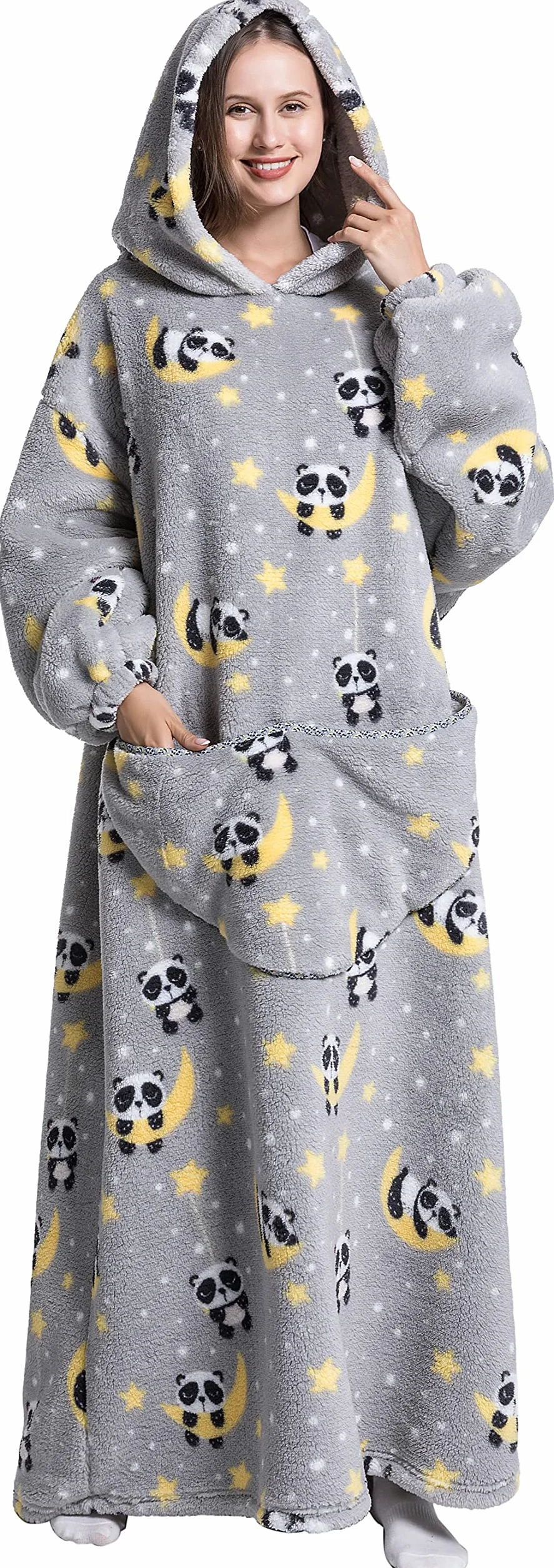 Damski koc z rękawami oversize, bluza z kapturem, sweter bożonarodzeniowy, Panda, rozmiar uniwersalny