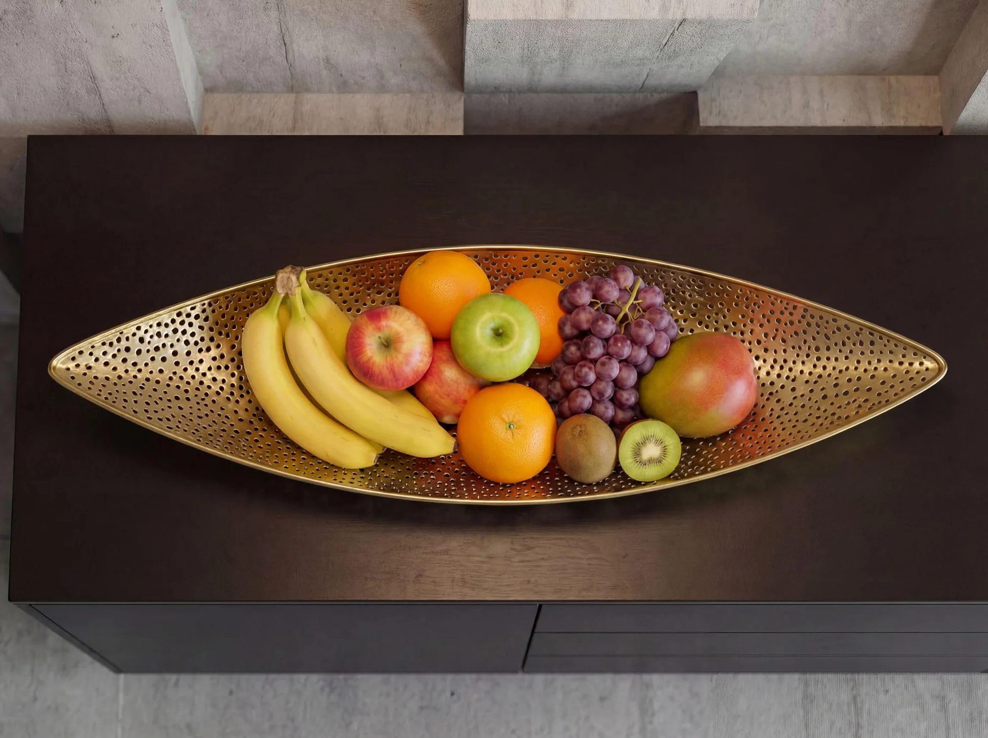 WOHNLING Misa na owoce 60 x 16 x 9 cm aluminium złota ręcznie robiona | podłużny kosz na owoce w kształcie łodzi, ręcznie robiony metalowy kosz na owoce, ażurowa misa, dekoracja stołu do kuchni