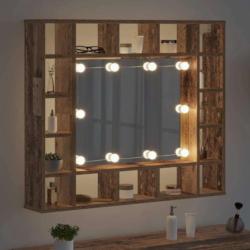 Szafka z lustrem stare drewno, 91 x 15 x 76,5 cm, materiał drewnopochodny ze zintegrowanym oświetleniem LED, miejsce do przechowywania, montowana na ścianie, do łazienki, korytarza, nowoczesne