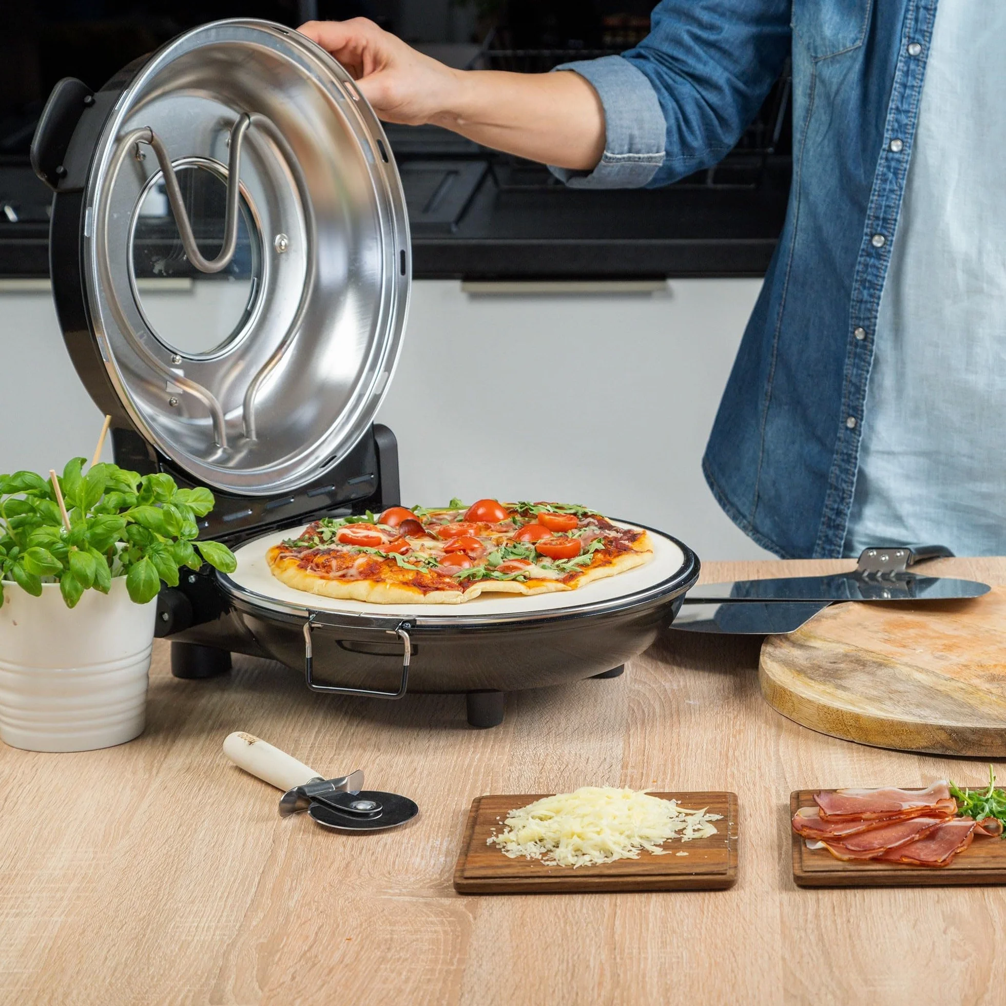 Teesa Domowy Piec do Pizzy SUPREME Moc 1200W Regulacja Temperatury 80-400°C Średnica Kamienia 32 cm Okno w Pokrywie TSA3231