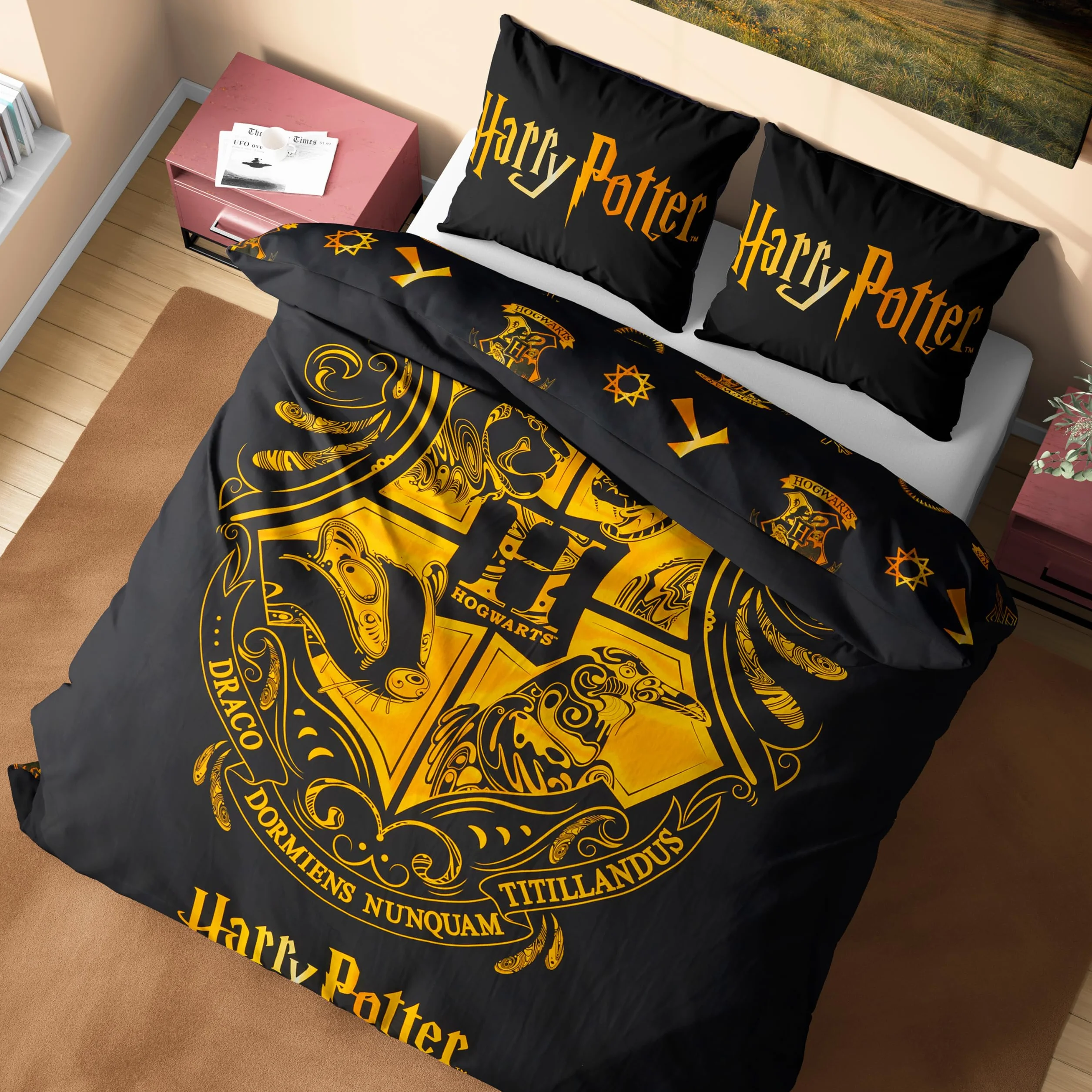 Harry Potter Pościel Zestaw Czarny Podwójny Poszewka na Kołdrę i Poduszkę