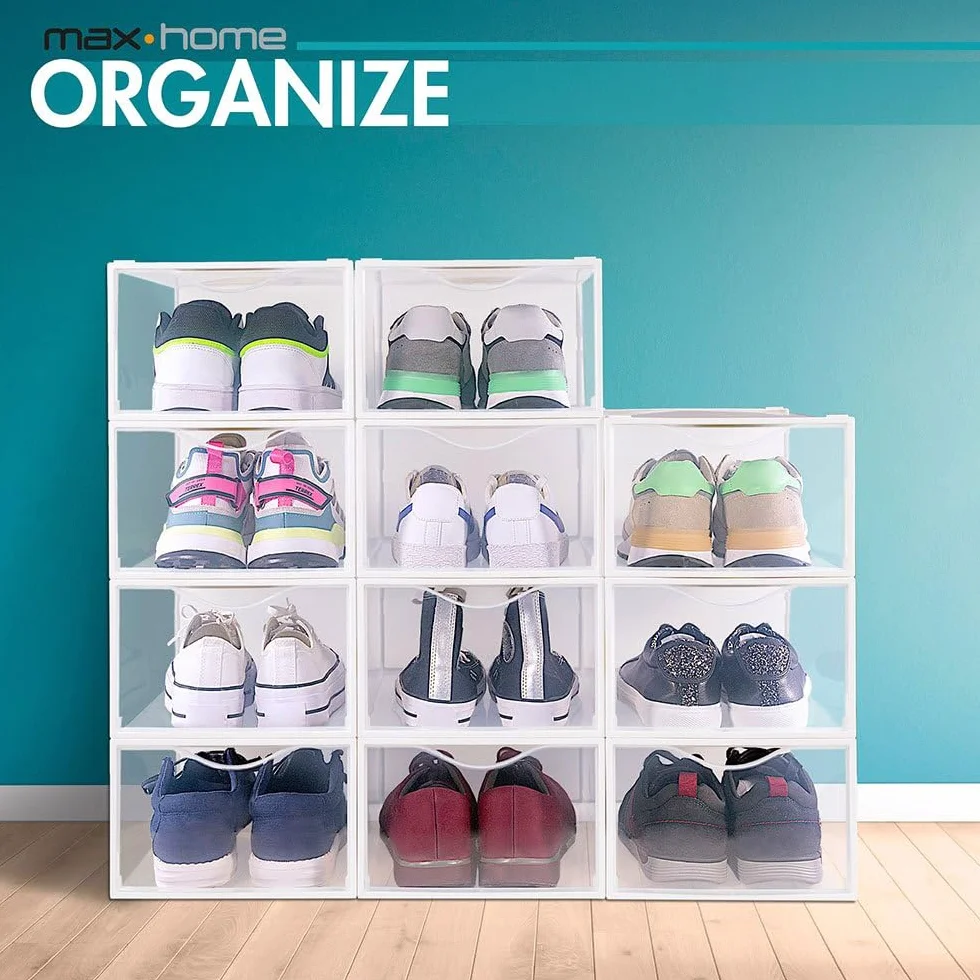 AKTIVE Max Home Plastikowe pudełka na buty, zestaw 6 organizerów do przechowywania, 23 x 33,5 x 14,5 cm, układane w stos, zapobiegające przewróceniu, do T.44, przezroczyste, plastikowe pudełko na
