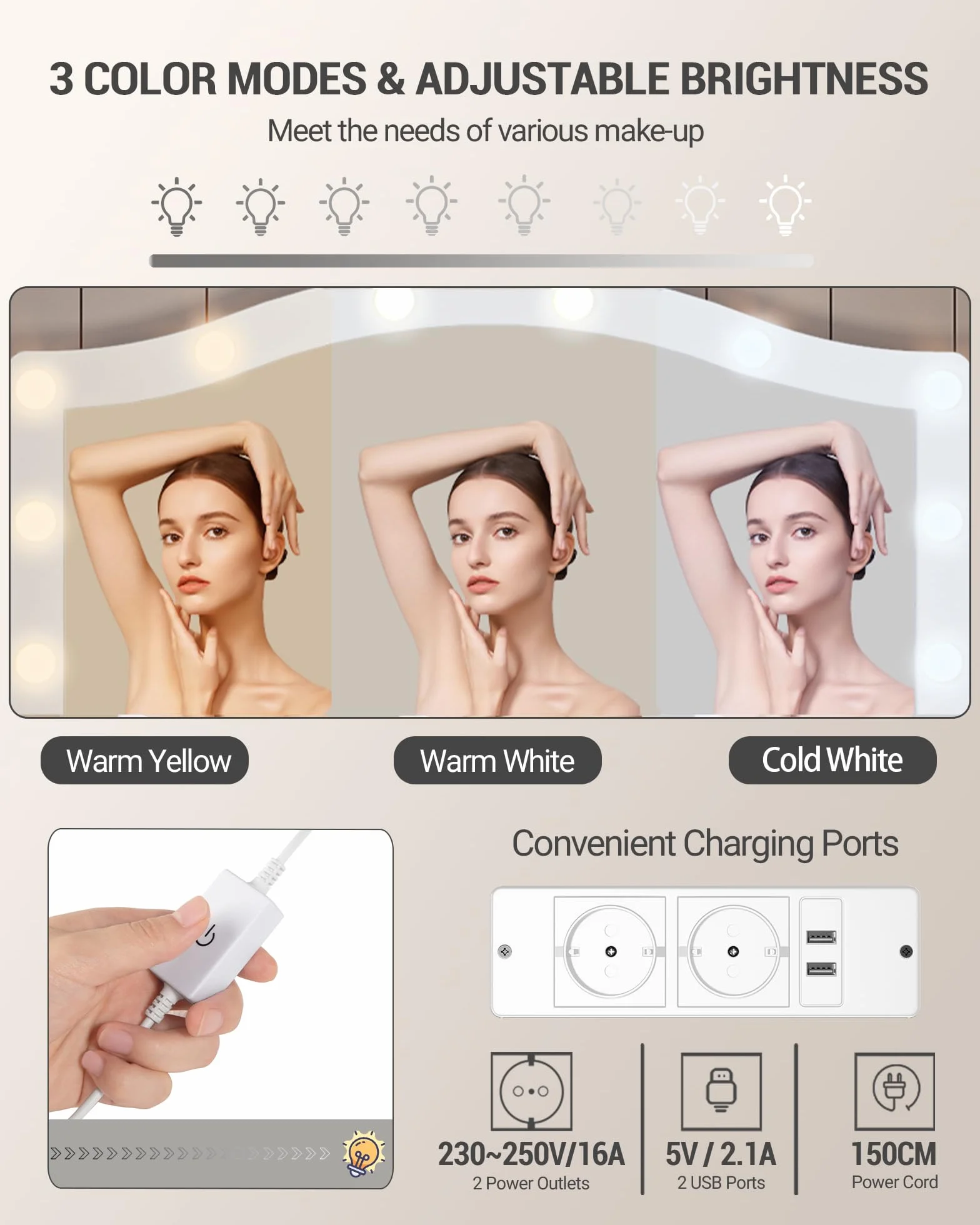 Hzuaneri Vanity, DużE Lustro Hd, 3-Kolorowe Regulowane śWiatłA Led, Ze Stacją łAdująCą, 2 Gniazdami Ac I 2 Portami Usb, 2 Szufladami I 1 Szafką Do Przechowywania, BiałO-ZłOta DT361HDT