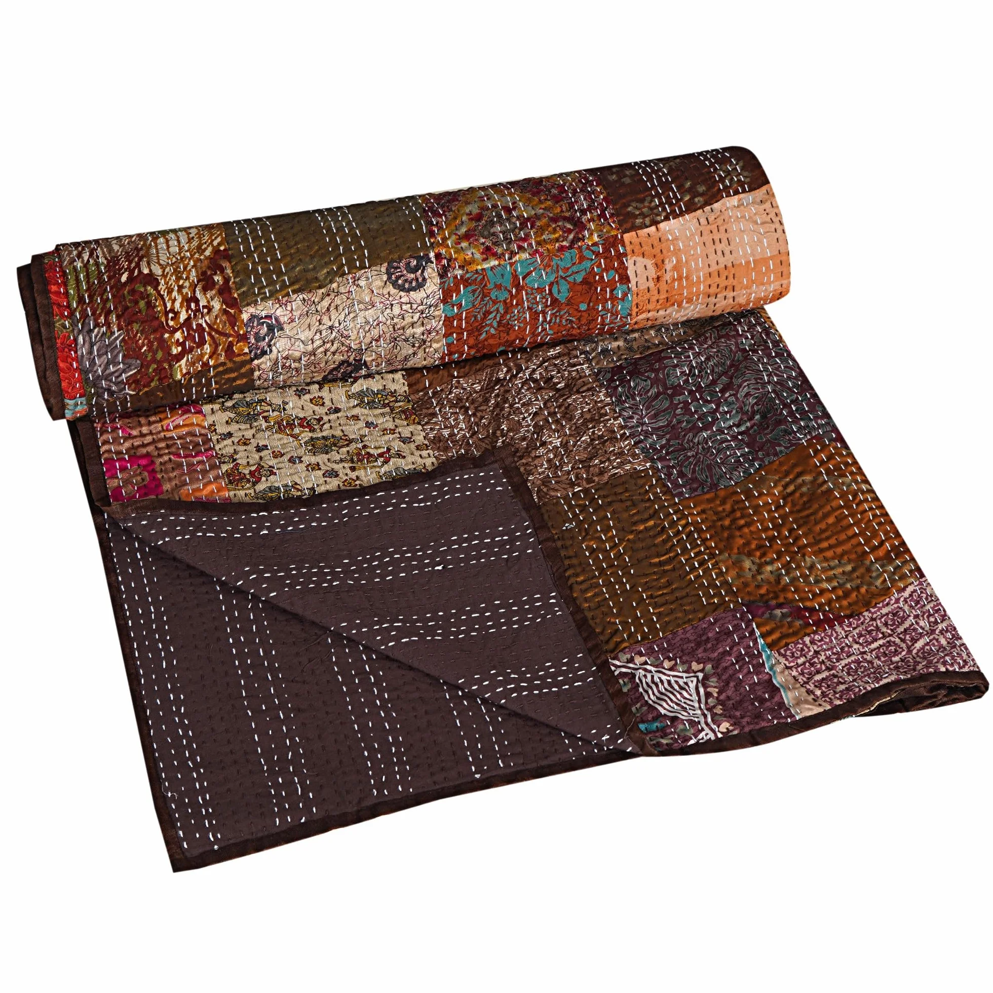 Jedwabna patchworkowa kołdra Kantha, ręcznie szyta kołdra w stylu vintage, dwustronna narzuta i narzuta w stylu boho, lekka, ręcznie robiona dekoracja, brązowa, niemowlęta, 127 x 152 cm