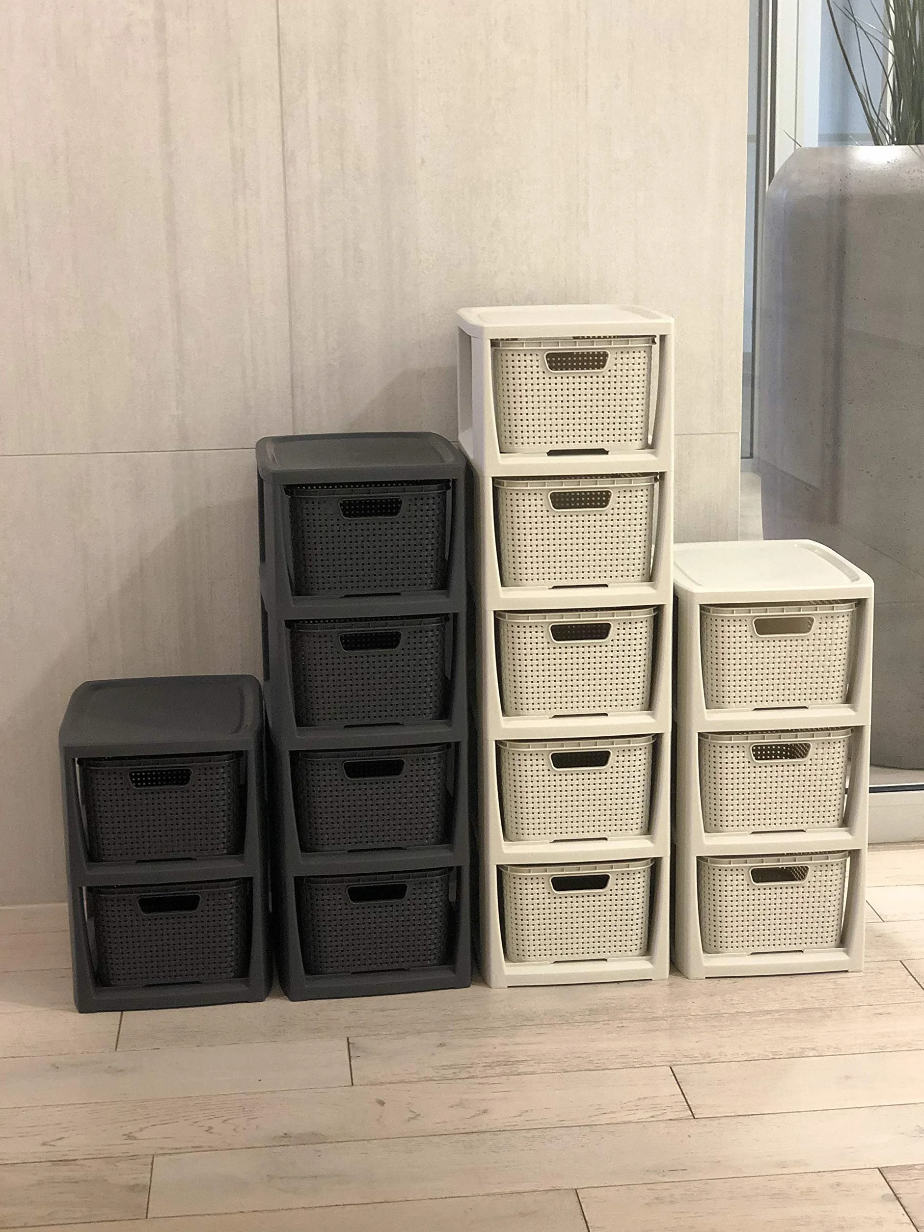 BranQ - Home essential Regał rattanowy, tworzywo sztuczne PP bez BPA, antracytowy, 29,5 x 24 x 80 cm, 5 koszy