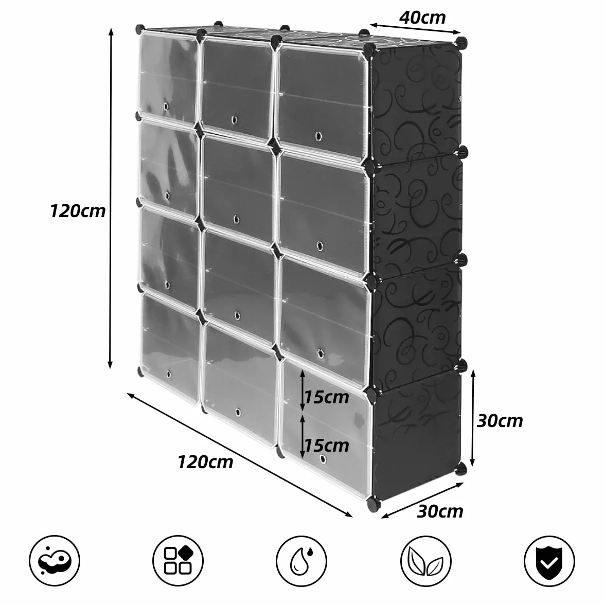 YIMING Szafka do pokoju dorosłych, składana i przenośna szafka do przechowywania, plastikowa szafka z drzwiami, szafka na ubrania dla majsterkowiczów (czarna, 8 pięter i 12 drzwi)