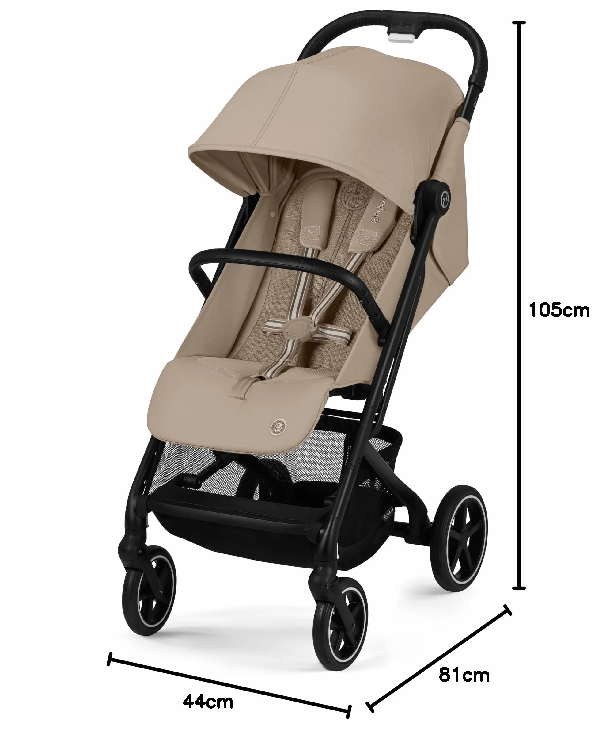 Cybex Gold Wózek dziecięcy Beezy z uprzężą One-Pull Harness, Od urodzenia do ok. 4 lat (maks. 22 kg), Kompaktowy i ergonomiczny, Almond Beige (Beżowy z czarną ramą)