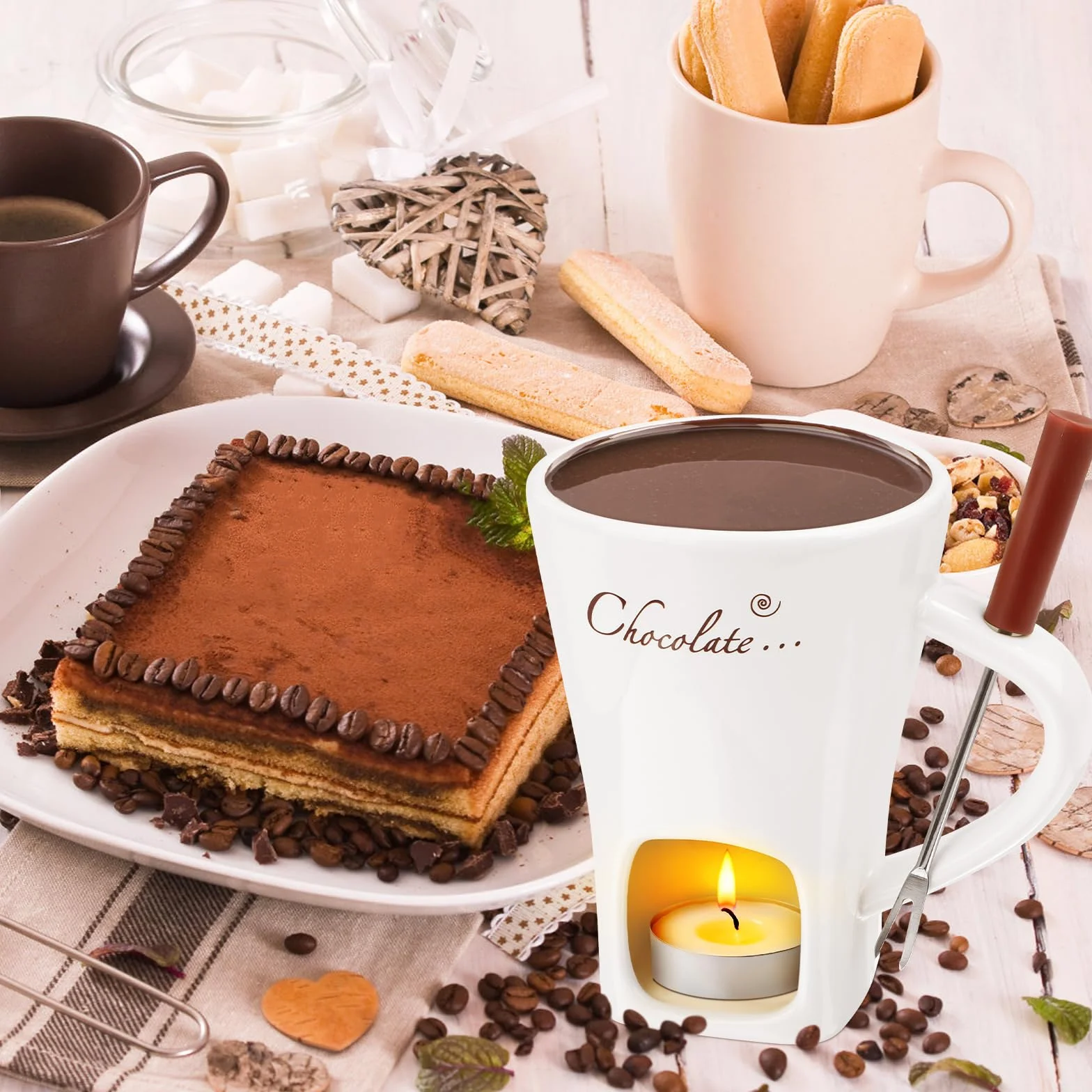 Wvu & Wvo 200 ml ceramiczny zestaw do fondue czekoladowego, kubek do topienia czekolady, fondue, widelec i podgrzewacz, do sera, czekolady, masła, karmelu