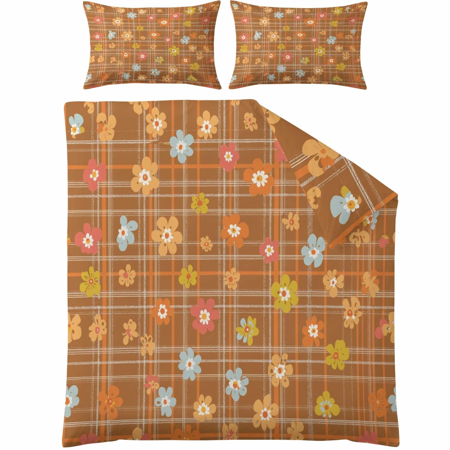 Générique Małe kwiaty w kolorze brązowym retro poszwa na kołdrę 200 x 200 cm, 3-częściowy zestaw pościeli z 2 poszewkami na poduszki, zestaw pościeli z mikrofibry do sypialni