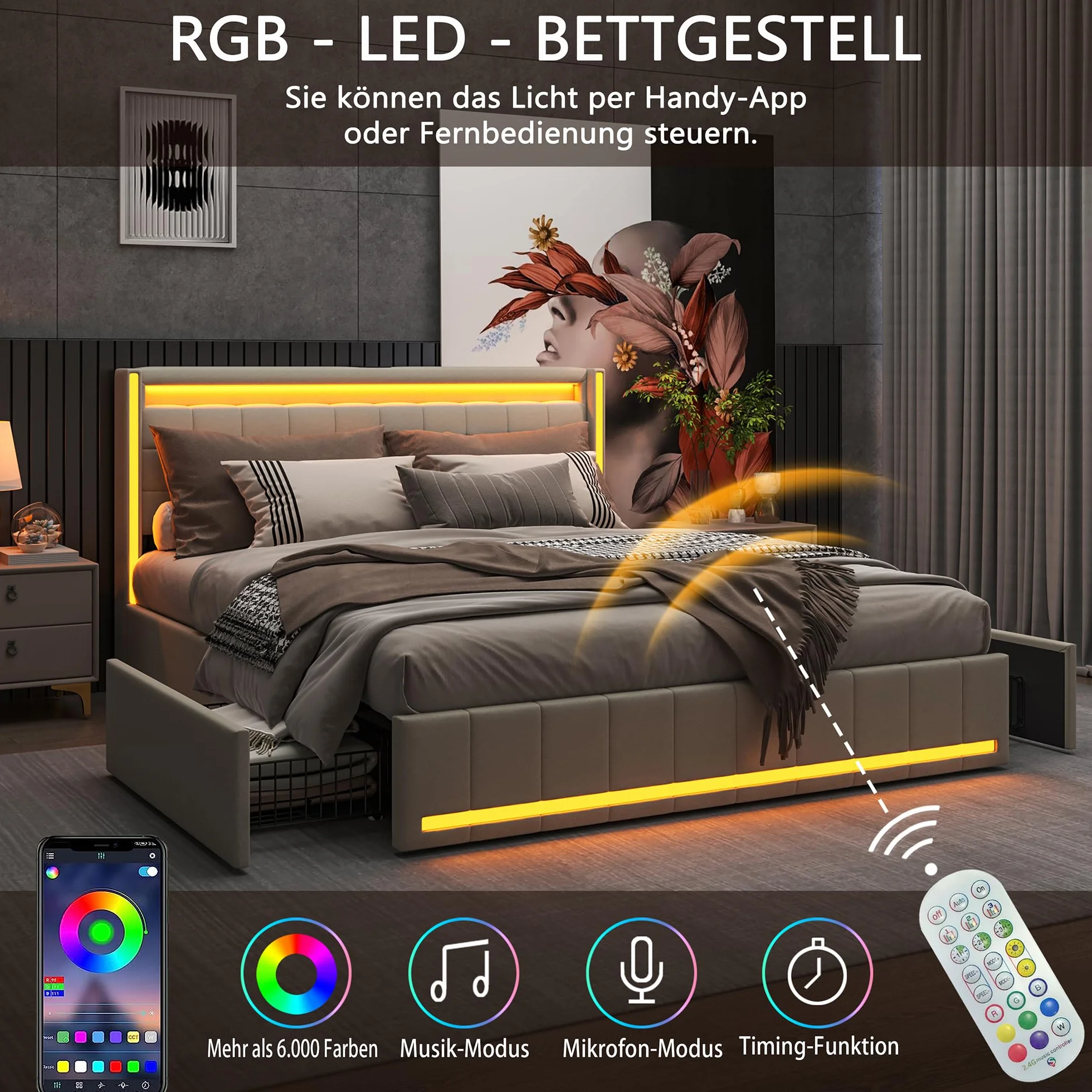 BRILVERDE Łóżko tapicerowane, podwójne 140 x 190 cm z miejscem do przechowywania, łóżko z 4 szufladami, zagłówek LED, z funkcją ładowania USB, lniane (beżowe, 140 x 190 cm)