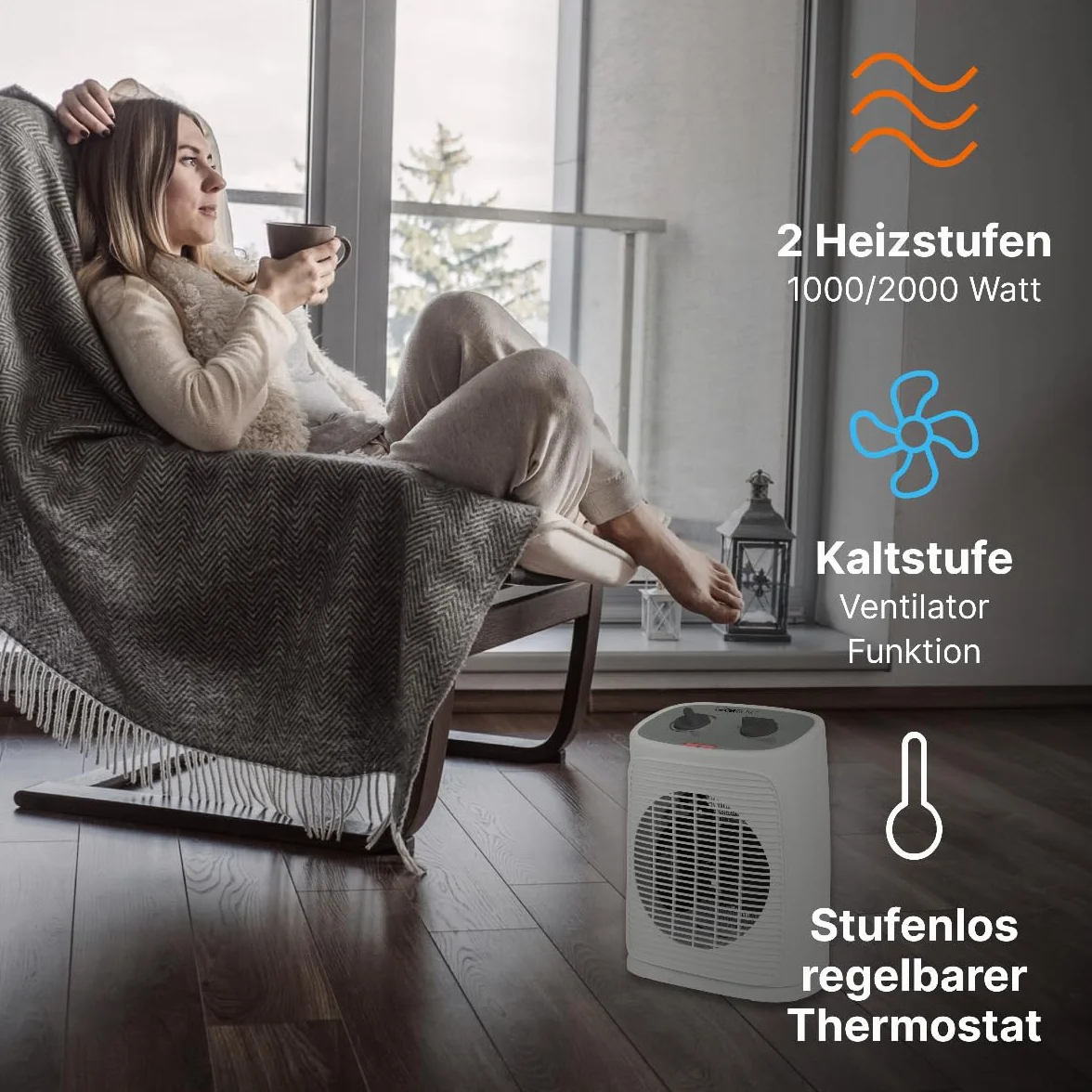 Clatronic HL 3800 grzejnik z funkcją wentylatora | ogrzewanie elektryczne z bezstopniową regulacją termostatu i 2 stopniami ogrzewania | grzejnik oscylujący | grzejnik do łazienki, kuchni, garażu