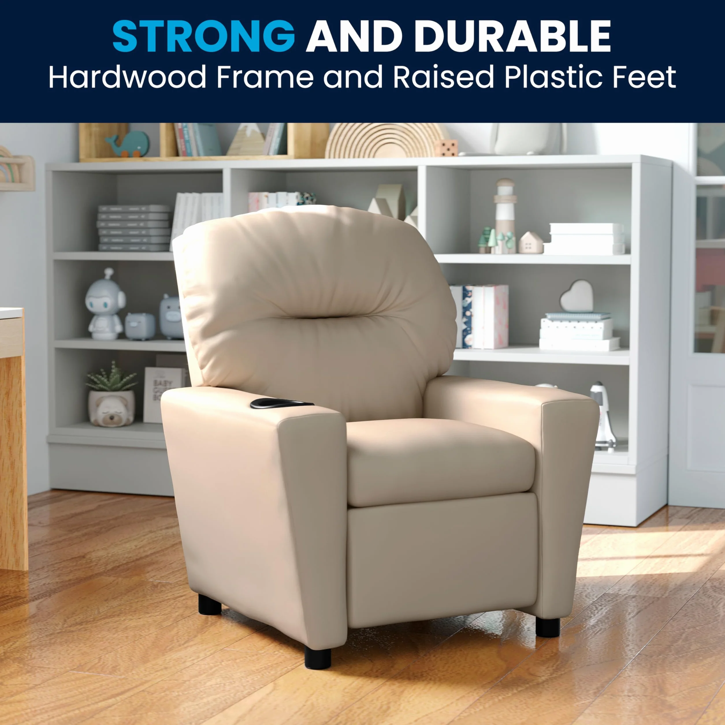 Flash Furniture Współczesny leżak dziecięcy z uchwytem na kubki, drewno, beżowy winyl, 66,04 x 53,34 x 53,34 cm