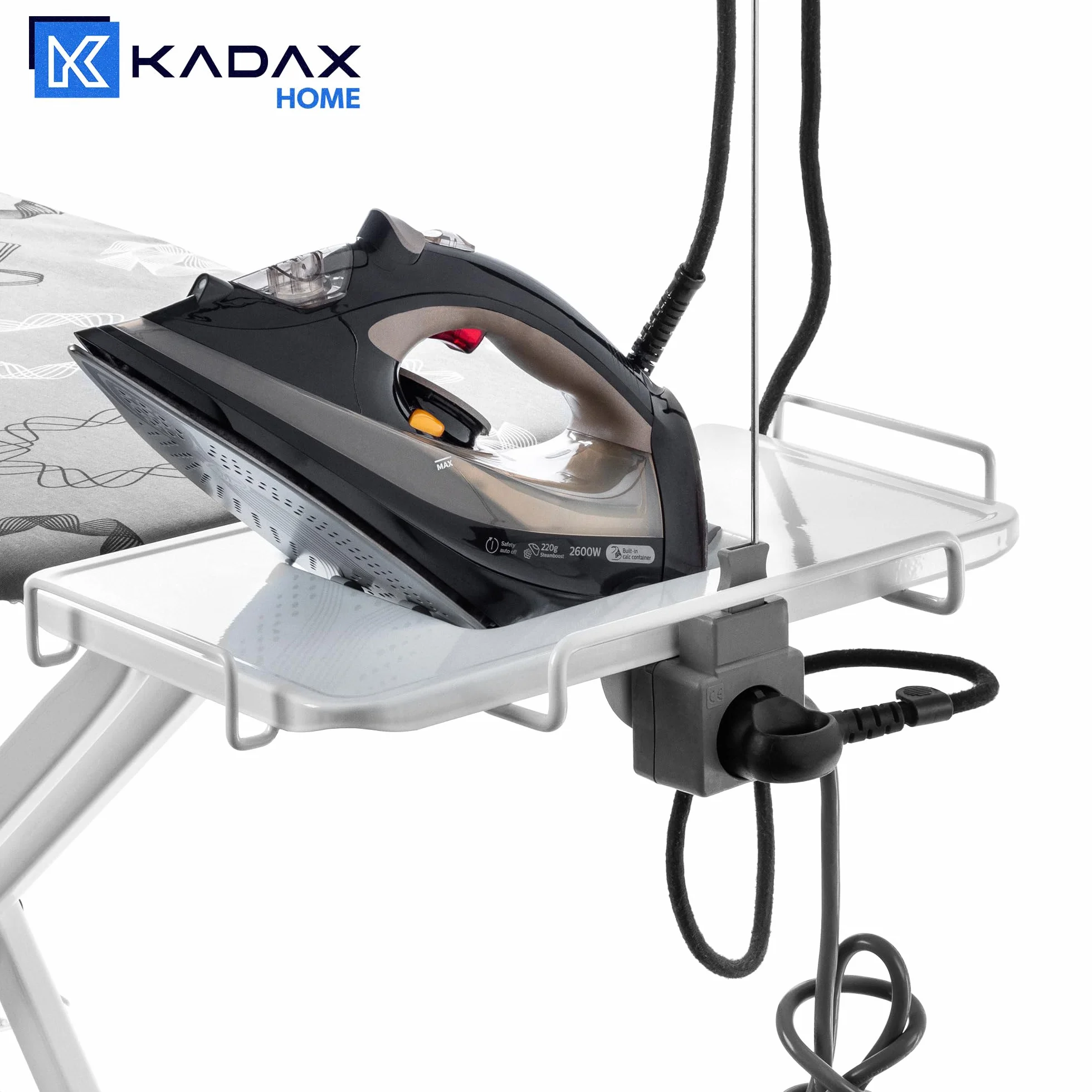 KADAX Deska do prasowania 120 x 38 cm do ubrań i pościeli z gniazdem elektrycznym i półką na żelazko, regulacja wysokości i antypoślizgowe nóżki zapewniają stabilność
