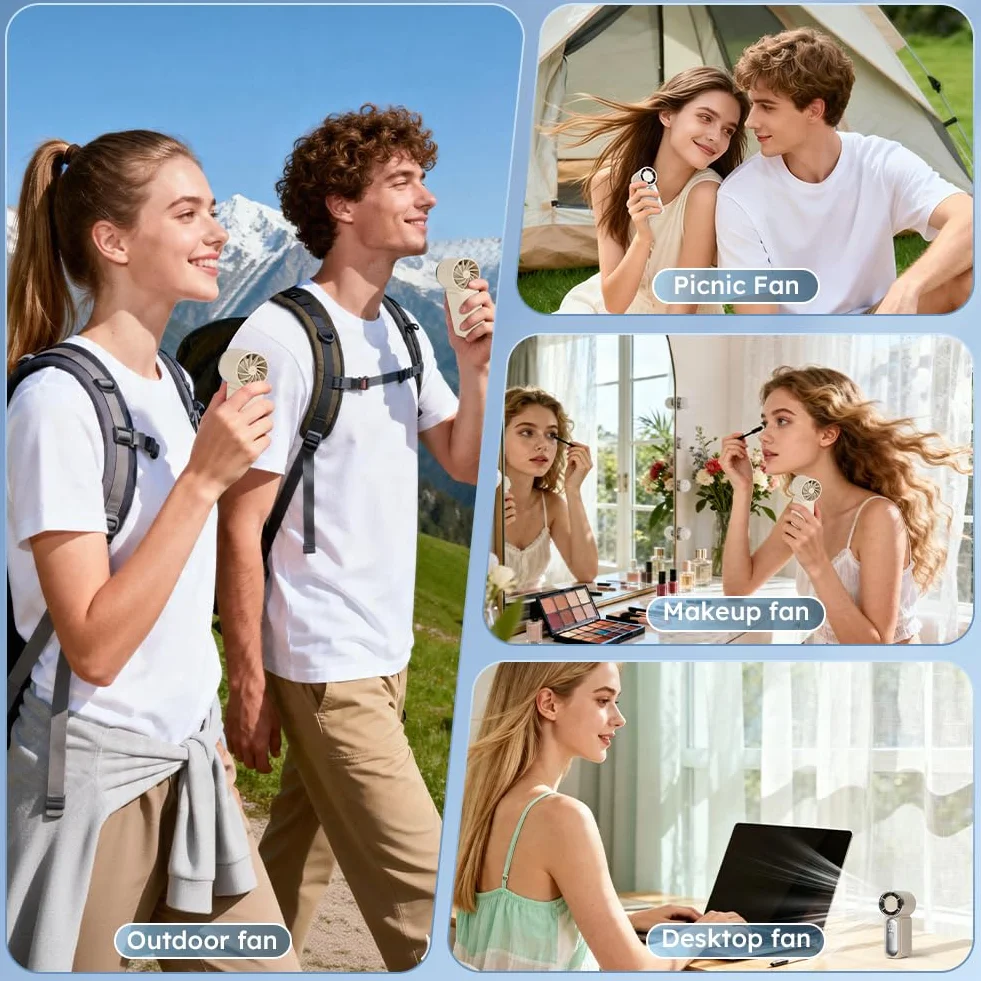 AUAUY Przenośny wentylator ręczny, USB mini wentylator z 6 poziomami prędkości, wydajny, ręczny wentylator z wyświetlaczem LED, mały, ręczny do podróży, biura, na zewnątrz, do makijażu (biały)