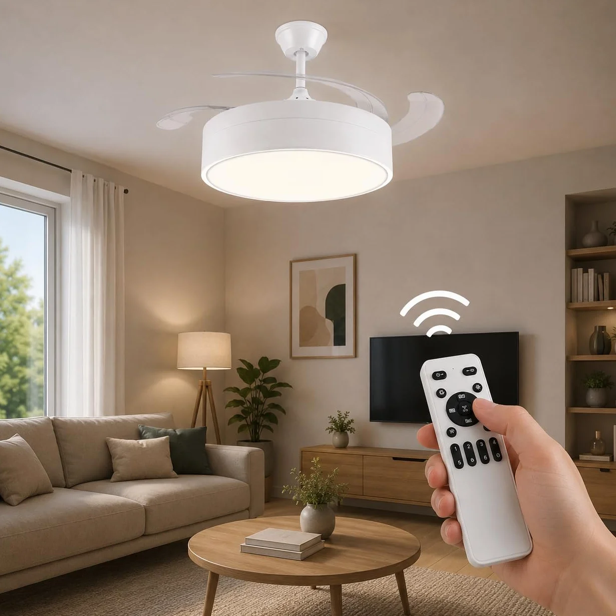 M mimotec - Wentylator sufitowy z oświetleniem LED Messe 72W, biały, pilot zdalnego sterowania, niskie zużycie energii, silnik prądu stałego, 6 prędkości, cichy, 4 rozkładane łopatki, funkcja
