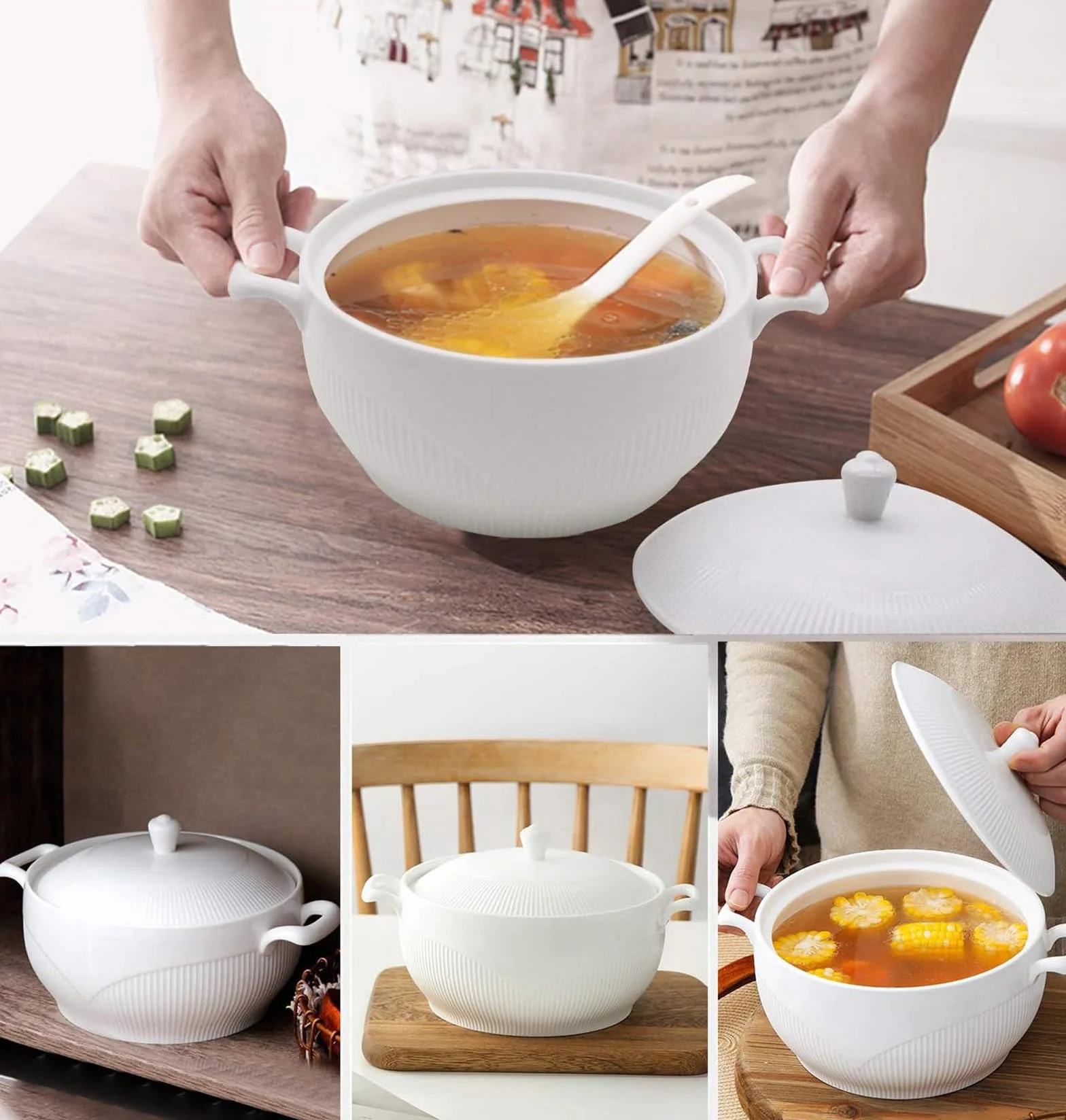 Ceramiczne naczynia do zapiekanek, Garnek gliniany/garnek gliniany/naczynia ceramiczne z białą pokrywką, podgrzewany w kuchence mikrofalowej i można myć zmywarce, porcelana(7inch)