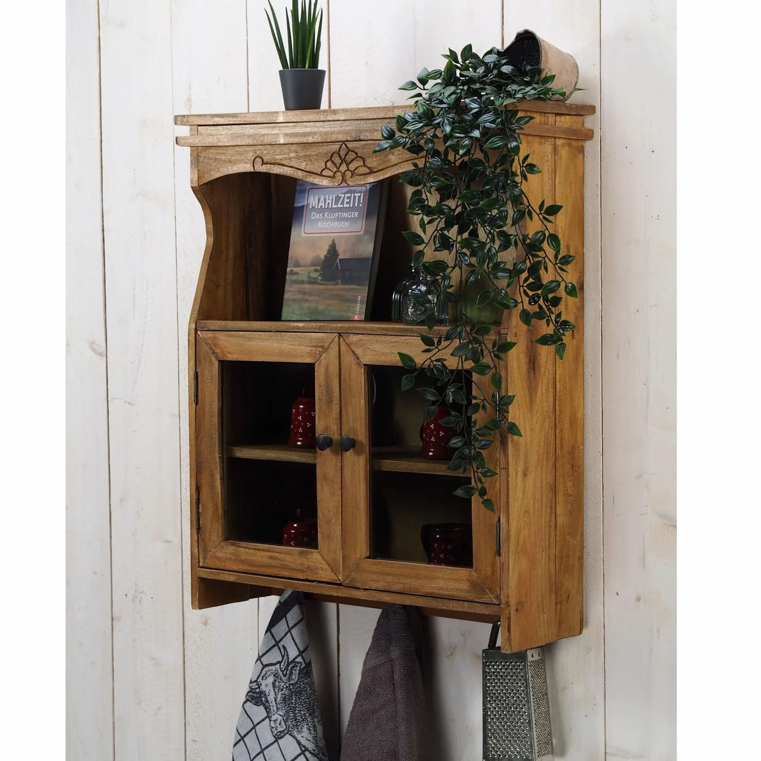 DESIGN DELIGHTS Szafka ścienna Ribera drewno mahoniowe szklane drzwi 73 cm z rzeźbami