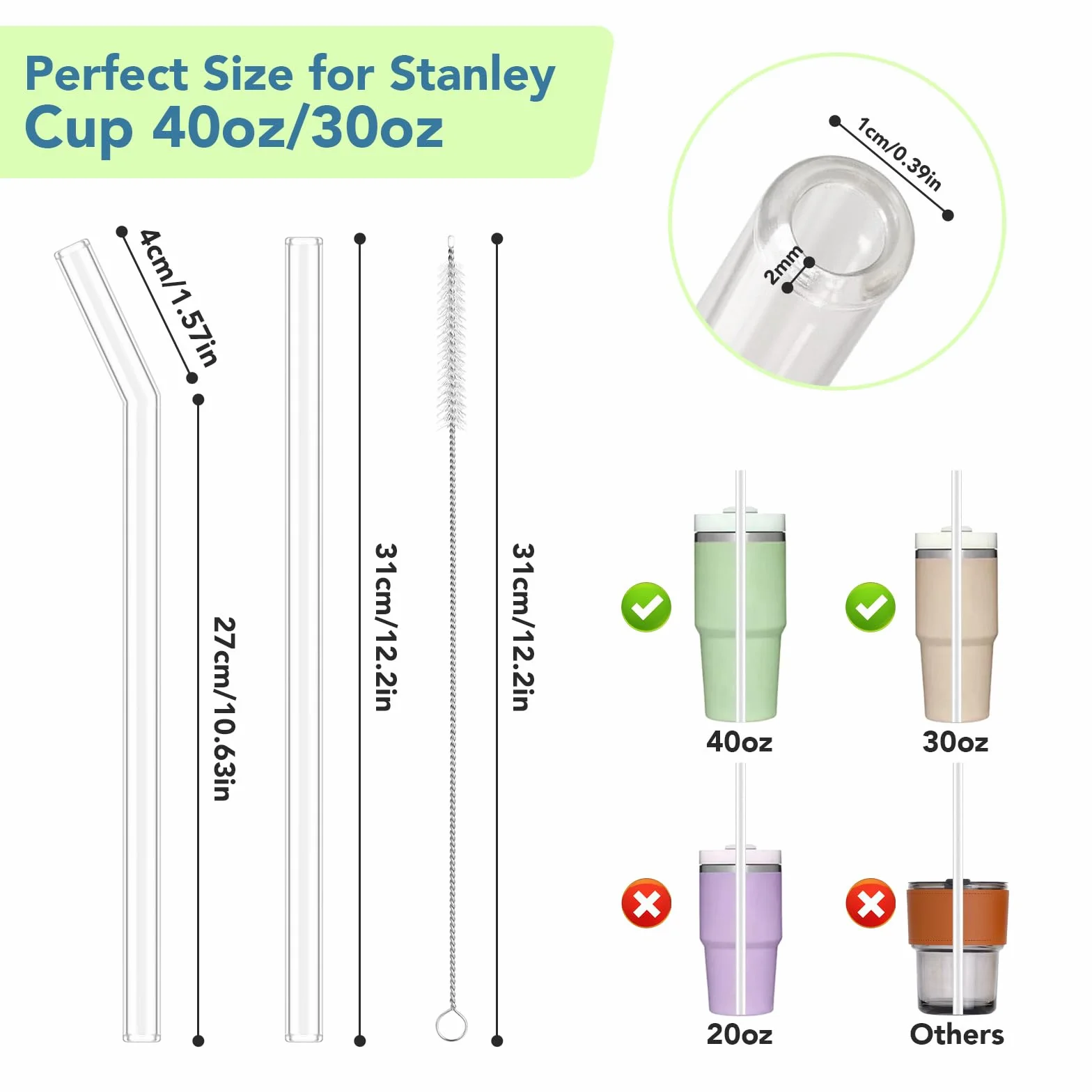 8 szklanych słomek (31 cm) – przezroczyste do Stanley Cups Adventure Quencher, wielokrotnego użytku + 2 szczotki do czyszczenia (4 zakrzywione + 4 proste)