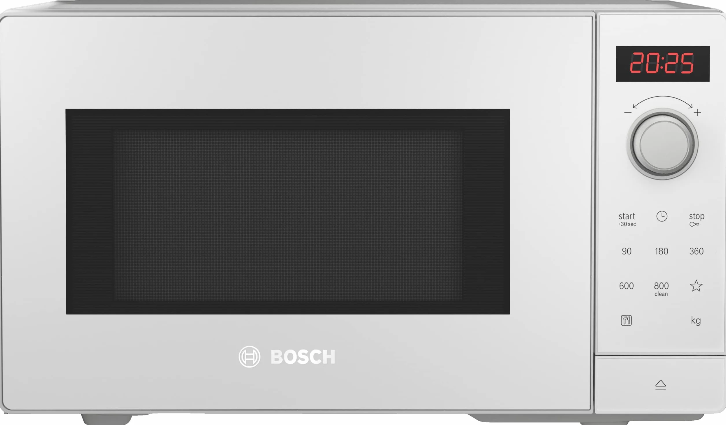 Bosch FFL023MW0 seria 2 kuchenka mikrofalowa, 26 x 44 cm, 800 W, talerz obrotowy 27 cm, ogranicznik drzwi z lewej strony, AutoPilot 7 7 programy automatyczne, obsługa czyszczenia, wyświetlacz dotykowy