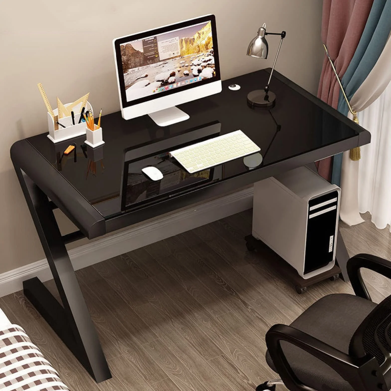 Nowoczesny design Biurko komputerowe ze szkła hartowanego z metalową ramą w kształcie litery Z, do domowego biura, gier i nauki, 90 cm, czarne
