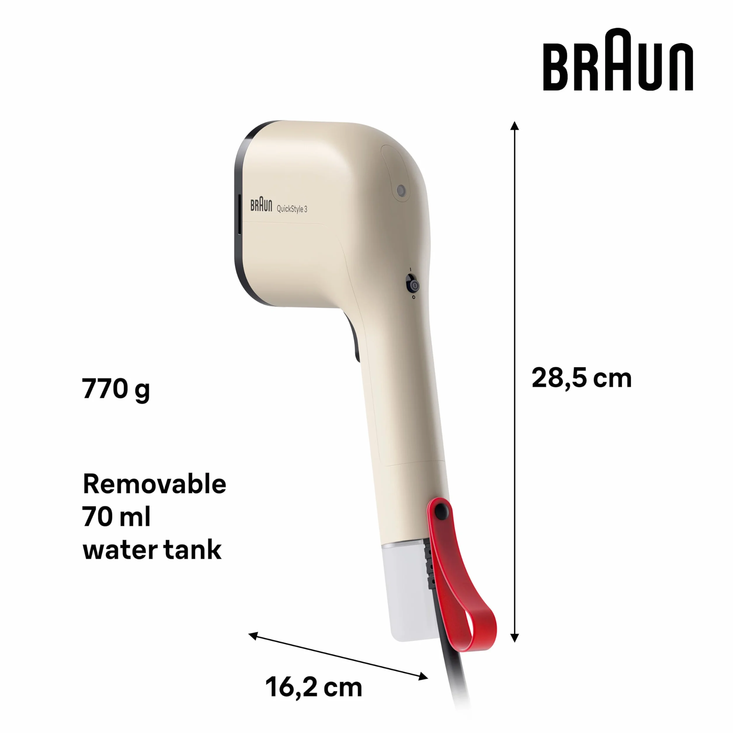 Braun QuickStyle 3 GS3012BG, kompaktowe i lekkie pionowe żelazko, szybkie nagrzewanie parownica, 20 g/min, wyjmowany zbiornik 70 ml, obudowa termoistniejąca, 1100 W, beżowy