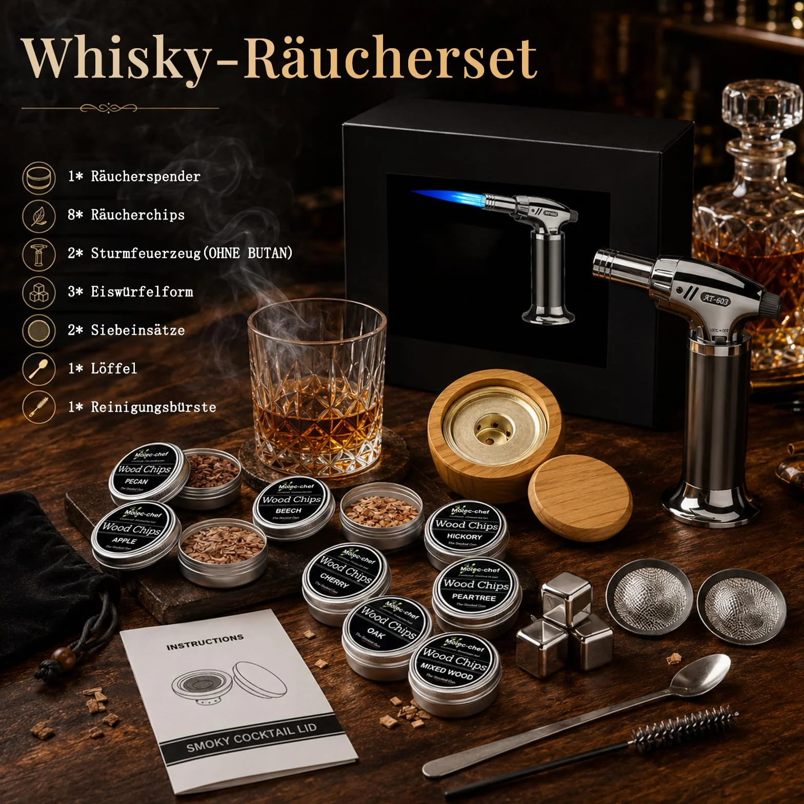 Zestaw wędzarniczy do whisky z pochodnią, zestaw do wędzenia koktajli, 8 rodzajów drewna i akcesoriami, zestaw do wędzenia do drinków dla Old Fashioned & Bourbon – pomysł na prezent dla