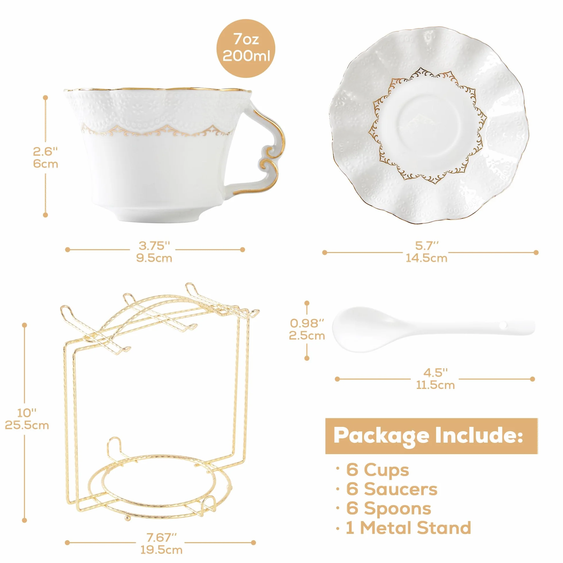 DUJUST Zestaw 6 filiżanek do herbaty i spodków (220 ml), luksusowy, do herbaty, ze złotym wykończeniem, czarny, do kawy, z metalowym stojakiem, brytyjska porcelana, na przyjęcie herbaciane, czarne
