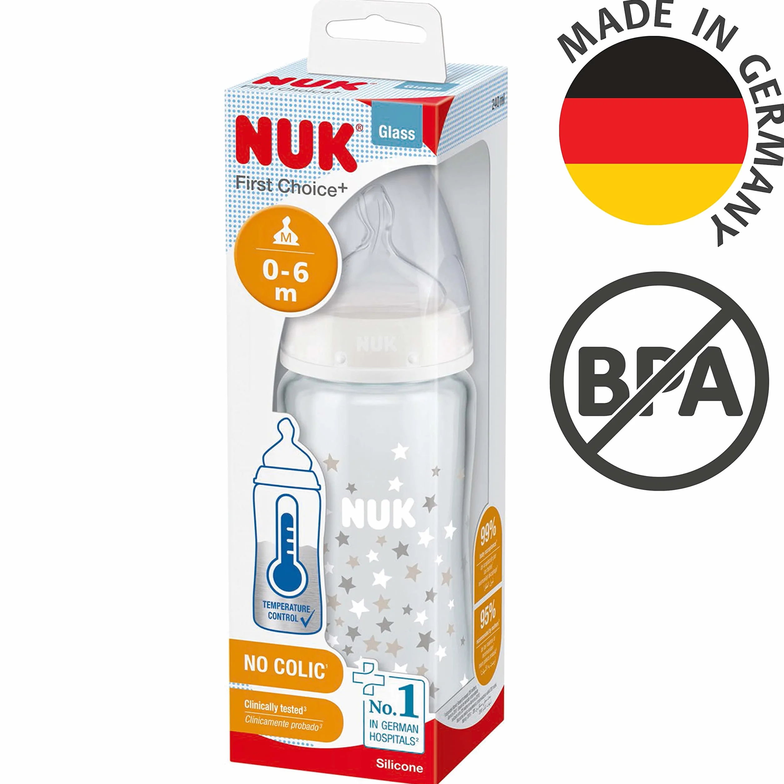 NUK Pierwszy wybór + szklana butelka dla niemowląt | 0-6 miesięcy, kontrola temperatury, silikonowy smoczek, zawór antykolkowy, bez BPA, 240 ml