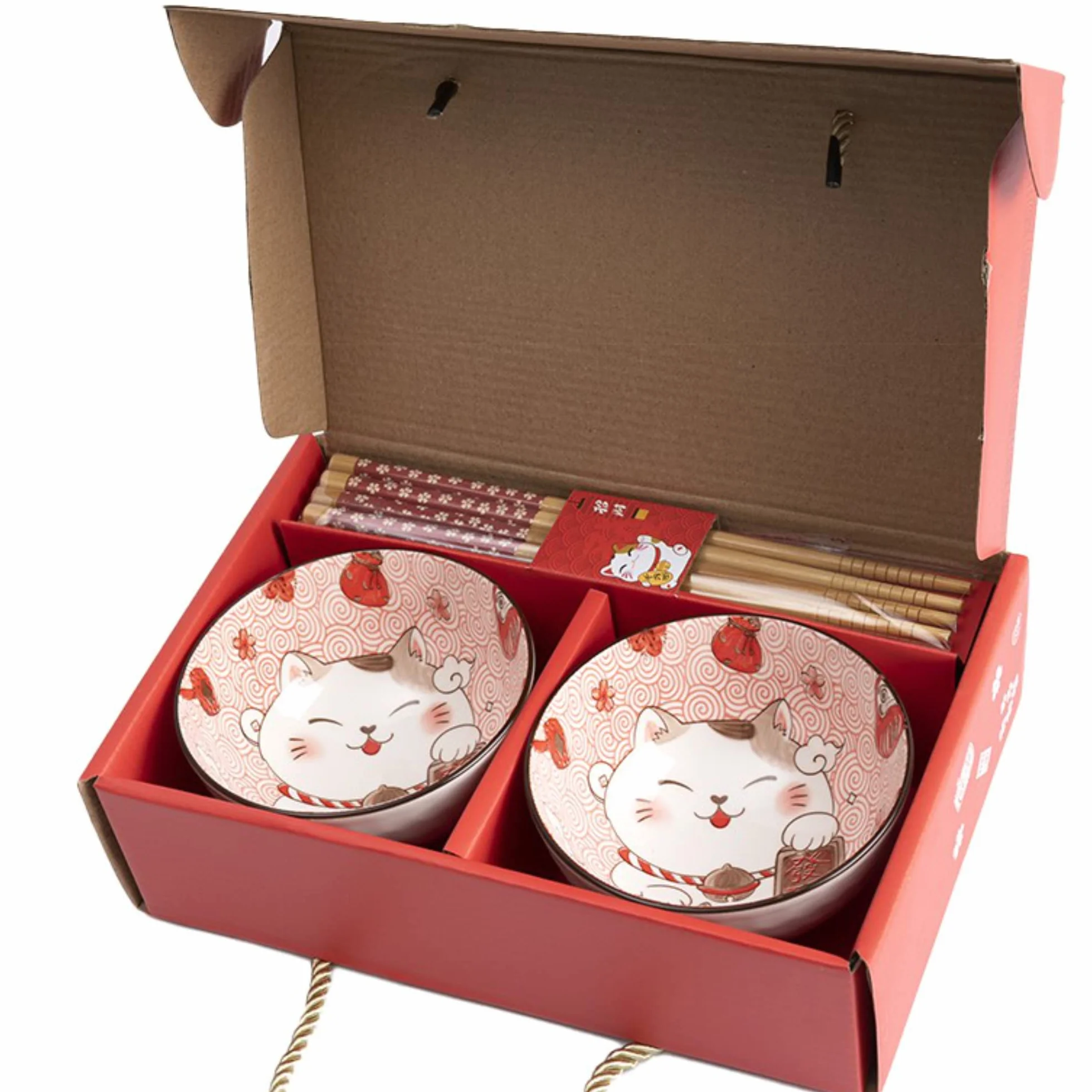 Lachineuse - 2 miski Maneki Neko - Pudełko Miseczek na ryż, śniadanie i zupę - Japońska zastawa stołowa z porcelany - z pałeczkami - kot szczęśliwy - japoński prezent - Kawaii Japan Deco