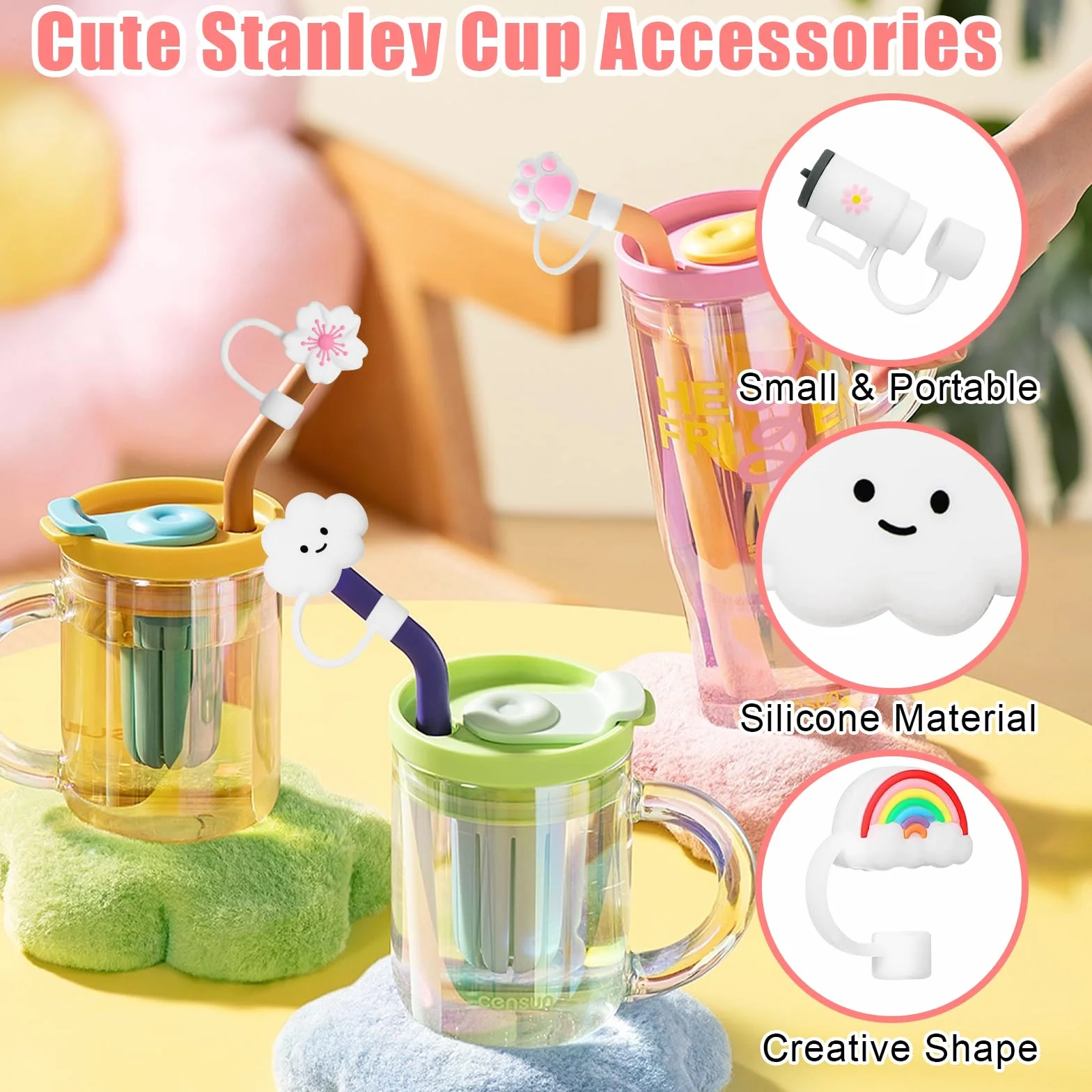 GOTRUST 9pcs Akcesoria Do Kubka Stanley Zatyczki, Silikonowe Zatyczka Stanley Cup Accessories, Zatyczki Do Słomek Pyłoszczelne, Pokrywka ze Słomką Stanley