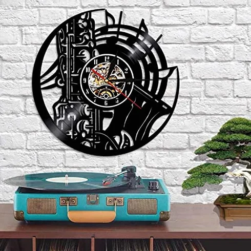 Saksofon album zegar muzyczny orkiestra dźwięk symfonia mosiądz płyta winylowa zegar ścienny instrument zegar ścienny dekoracja miłośnik jazzu prezent