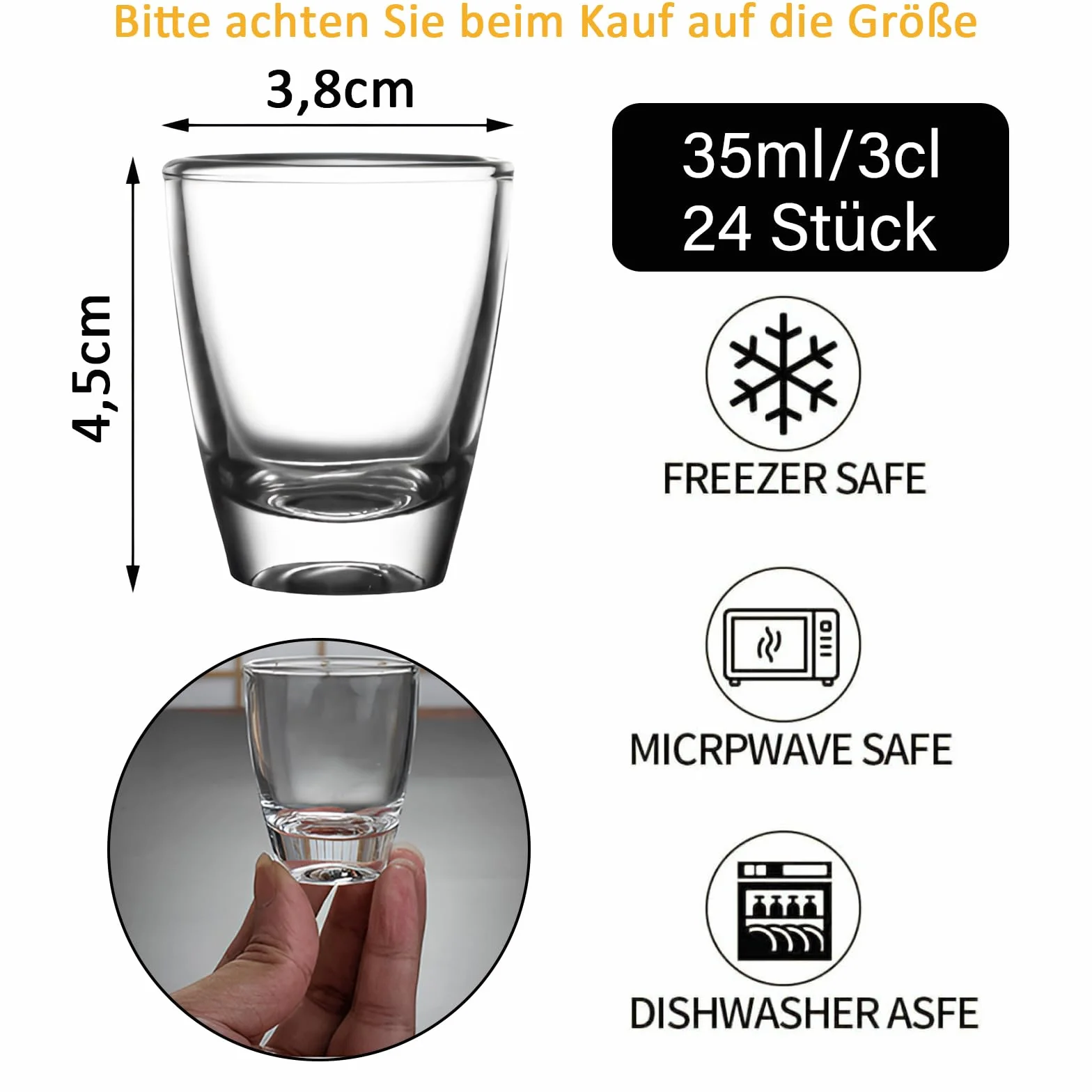 Kieliszki do wódki, 24 sztuki, 35 ml/3 cl, z przezroczystego szkła, z grubym dnem, kieliszek, nadają się do mycia w zmywarce, gruba podstawa