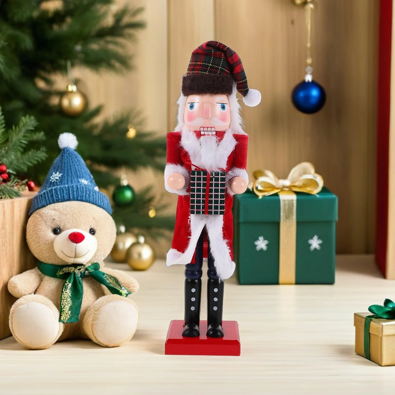 Toyvian Drewniana Figurka Dziadka Do Orzechów z Podstawką Ręcznie Malowany Żołnierz Nutcracker Dekoracja Świąteczna Stół i Półkę Trwały i Ornament Bożonarodzeniowy
