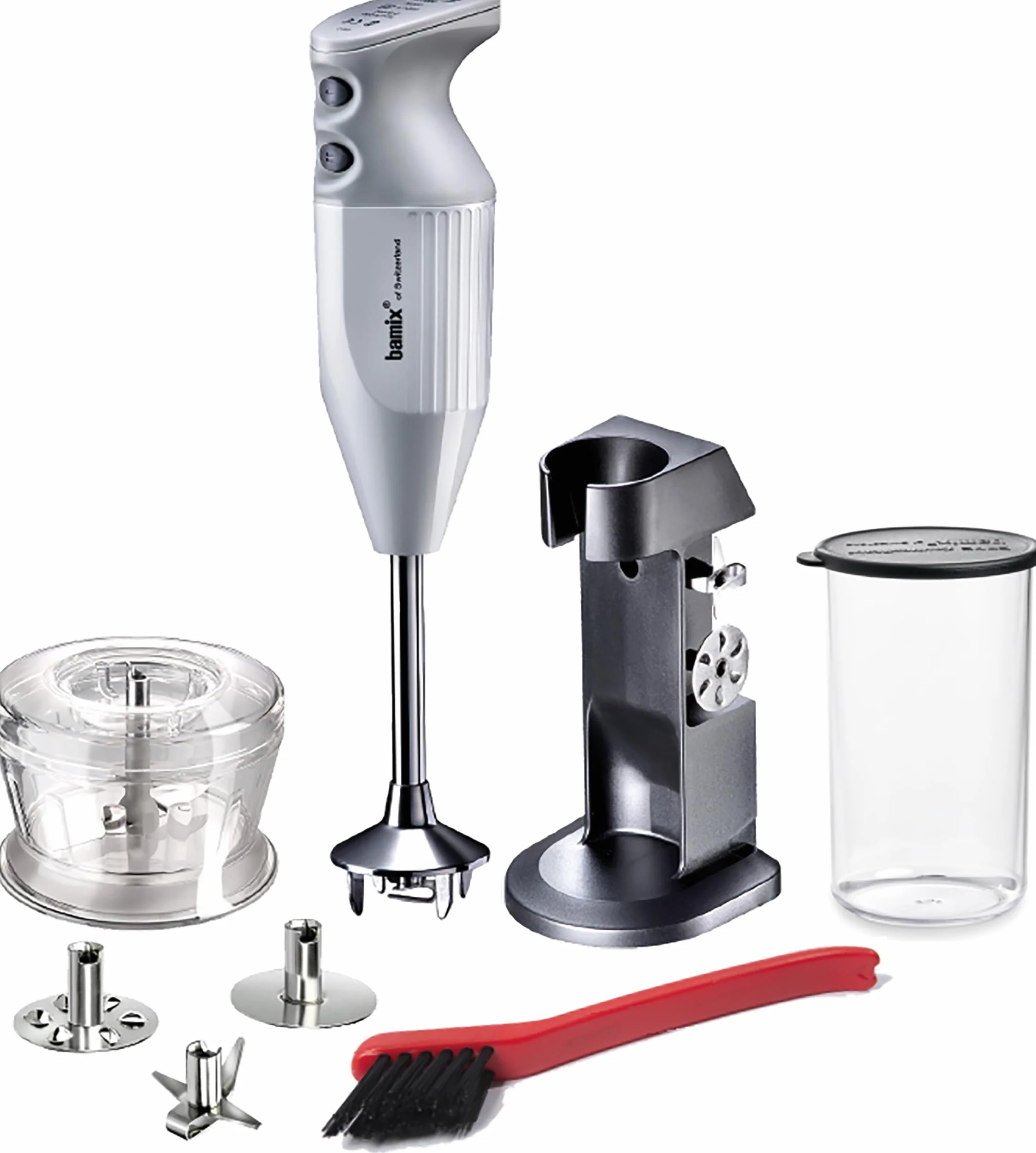 bamix Zestaw blendera ręcznego M200 Chef's Favorite ze stojakiem, 1 kubkiem, 3 końcówkami, siekaczem, szczotką do czyszczenia, 200 W, wyprodukowano w Szwajcarii, biały/jasnoszary