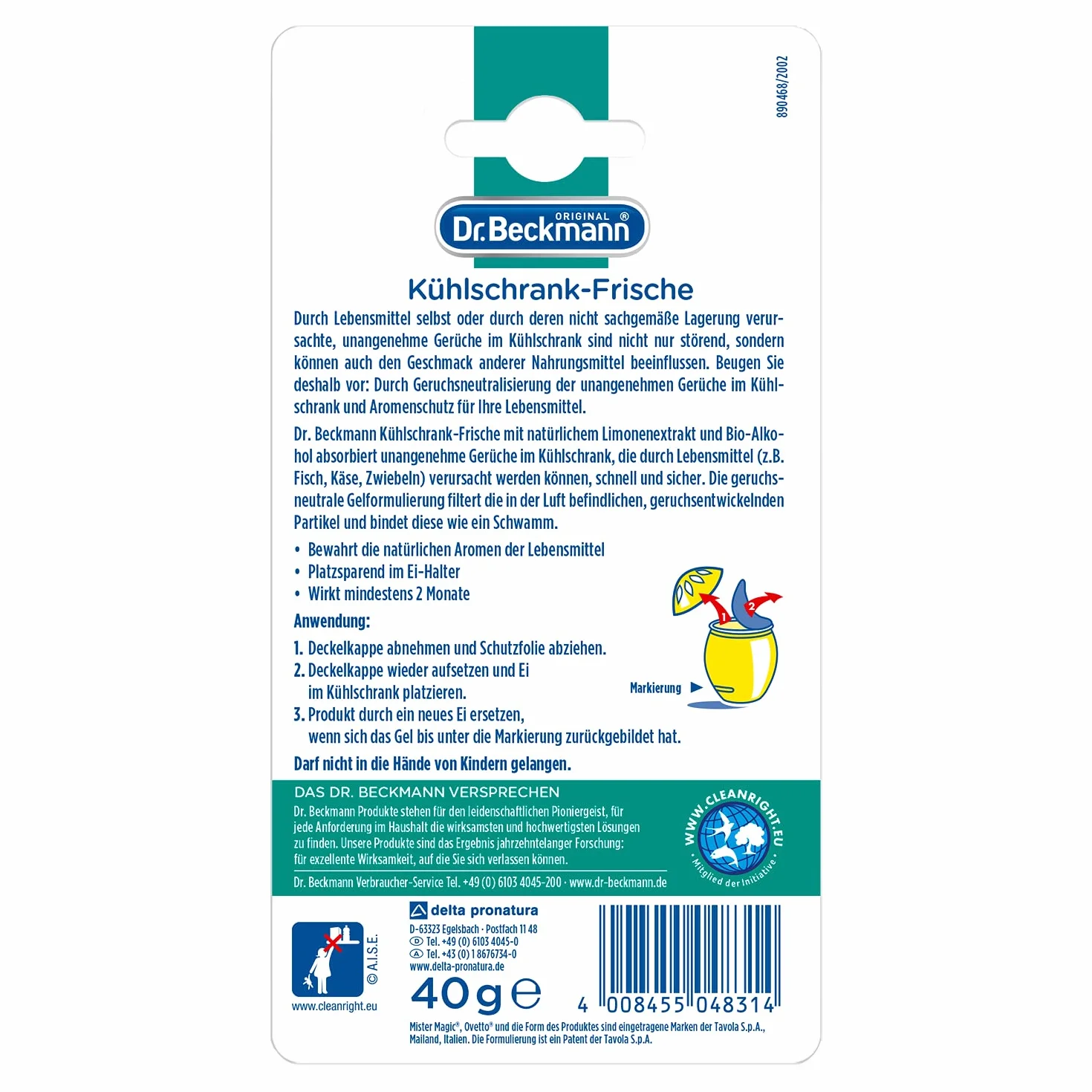 Dr. Beckmann Świeżość lodówki, dezodorant do lodówki, skutecznie neutralizuje zapachy, z naturalnym ekstraktem z limonki i bio-alkoholem, 1 x 40 g