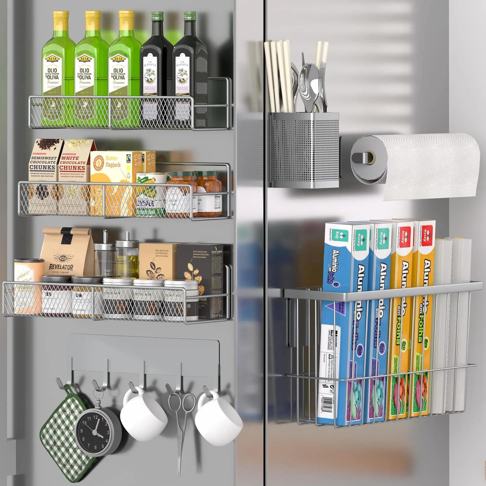 Półka magnetyczna na przyprawy na lodówkę, 7 metalowych półeczek, przenośny organizer, półka z haczykami, uchwyt na ręczniki papierowe, przybory kuchenne i deskę do krojenia, szara