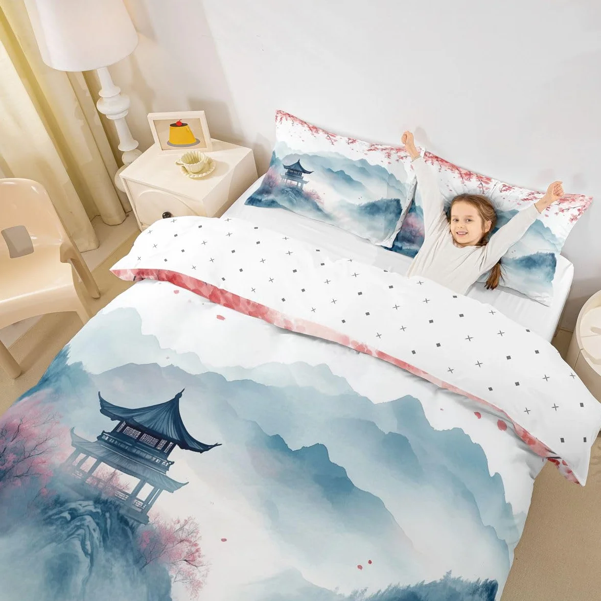Loussiesd Japońska poszewka na kołdrę Ukiyoe Super King Size chłopcy dziewczęta japoński styl zestaw pościeli oddychająca miękka góra Fuji dekoracja poszewka na kołdrę 3 szt. kwiat wiśni dekoracja