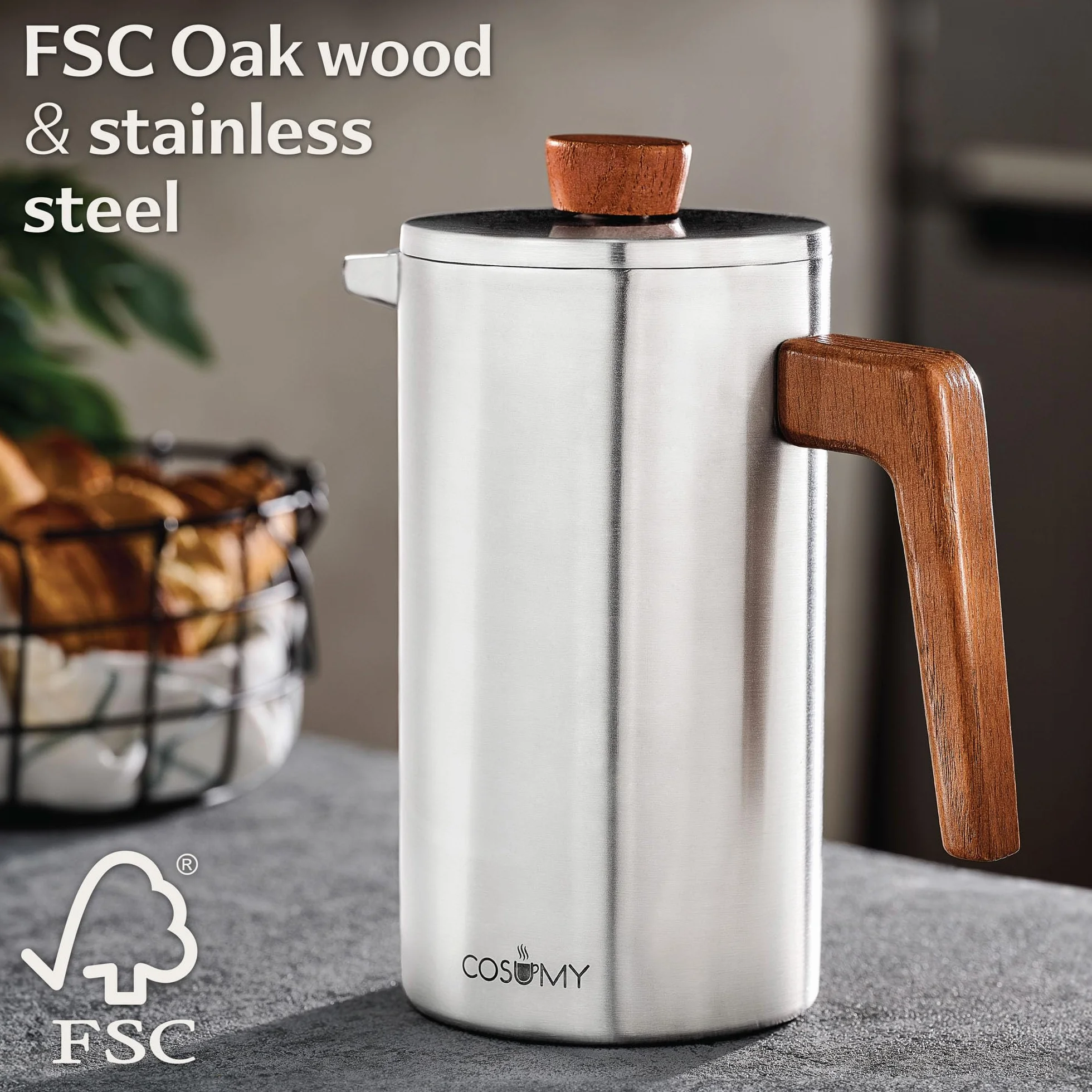 Cosumy French Press 1L wykonany ze stali nierdzewnej i trwałego drewna dębowego - Na 5 filiżanek - 2 dodatkowe filtry - Izolacja o podwójnych ściankach