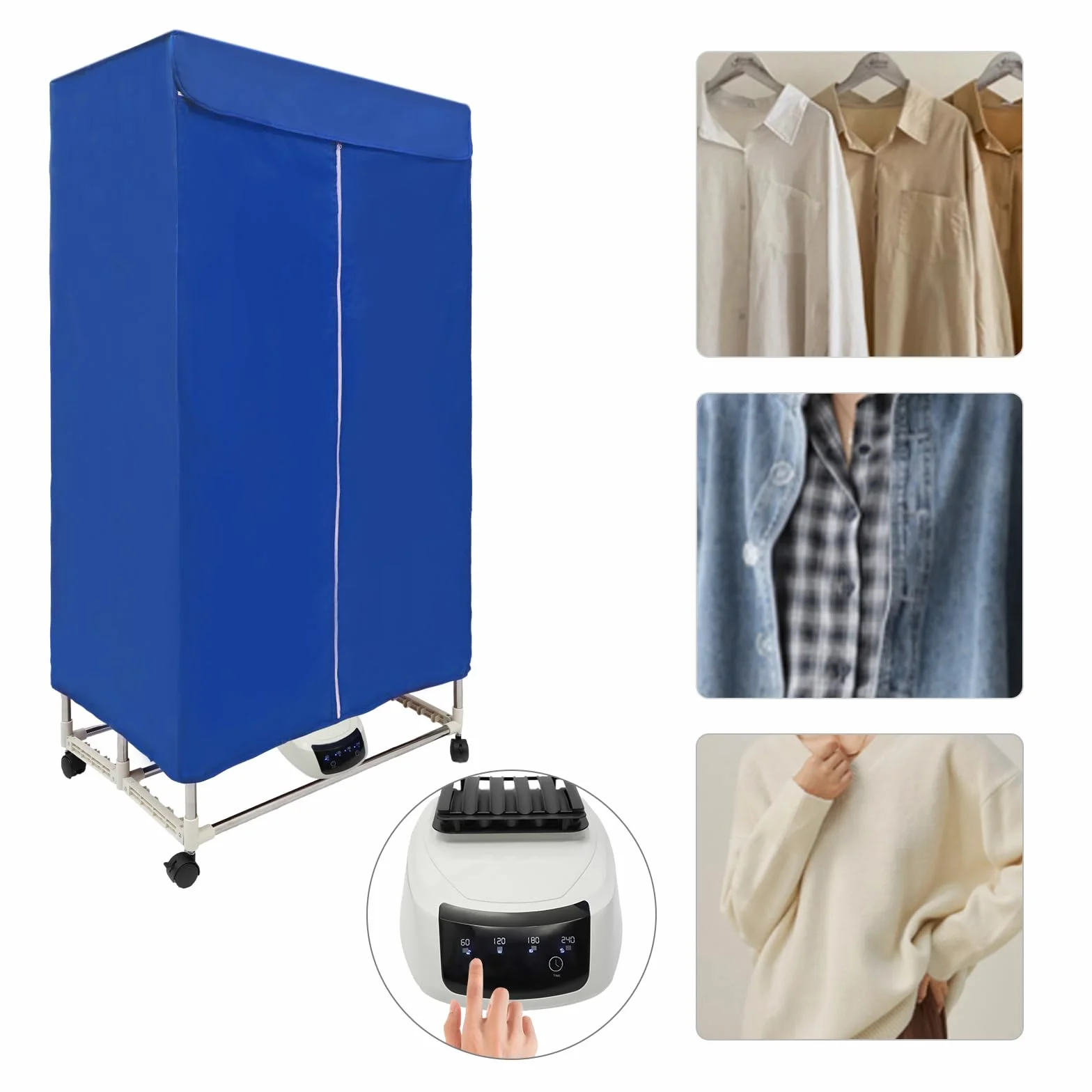 Suszarka na pranie, 1500 W, suszarka na ciepłe powietrze, przenośna, elektryczna suszarka do domu, mała suszarka z timerem, mobilna suszarka na ubrania, składana, IPX1 (niebieska)