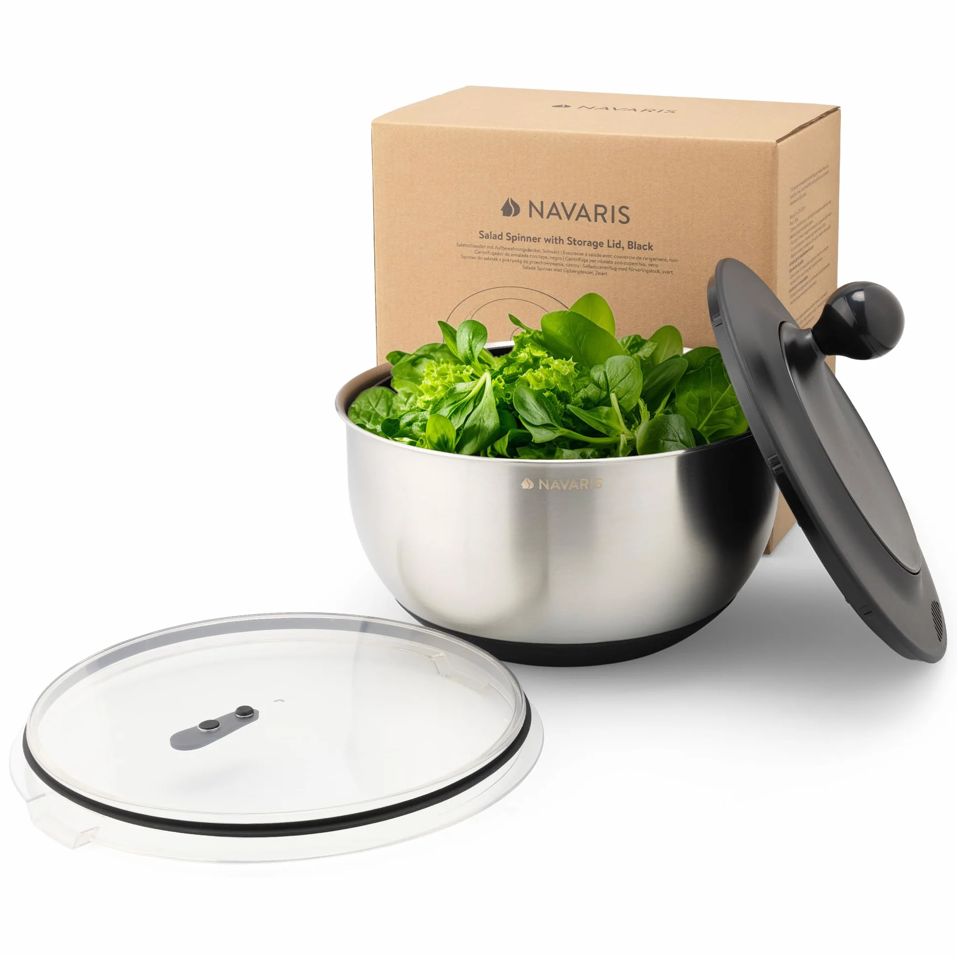 Navaris Osuszacz sałatkowy z pokrywką - Wirówka ze stali nierdzewnej - Łatwe do mycia na sucho i wirowania warzyw, sałatki owocowej - Salad Spinner