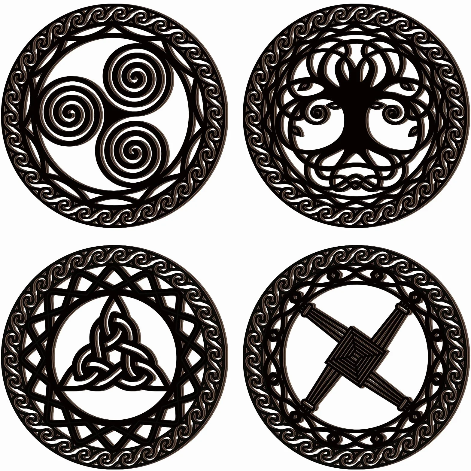 Celtycki symbol dekoracja ścienna, 4 szt. celtycki węzeł krzyżowy, potrójny spiralny symbol, drewniany znak, drewniana geometria, sztuka ścienna, dekoracja, irlandzkie błogosławieństwo, dekoracja