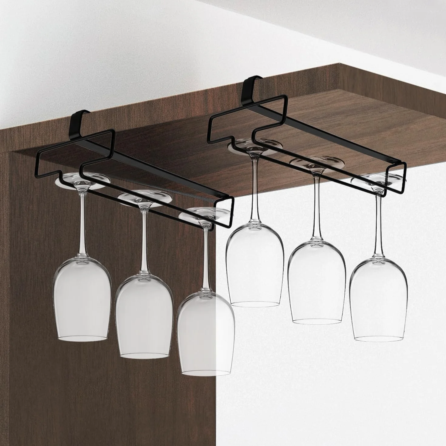 QWORK® 2 szt. Uchwyt na kieliszek do wina, uchwyt na kieliszek do wina, bez wiercenia, metal, do kuchni barowej, czarny