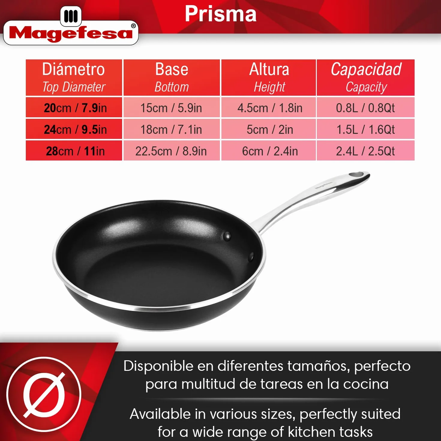MAGEFESA Prisma zestaw patelni 24 + 28 cm + pojemnik na lunch 21 cm, stal nierdzewna 18/10, nieprzywierająca trójwarstwowa, do wszystkich kuchenek, indukcyjnych, piekarników