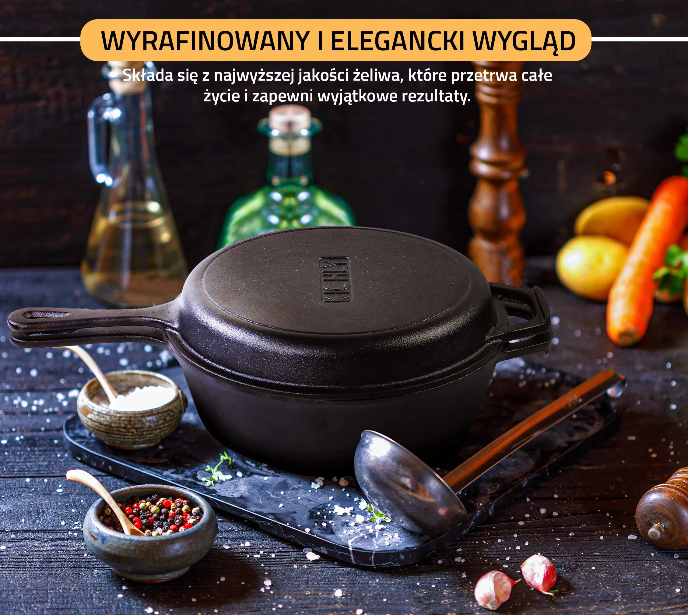 KICHLY Wstępnie solony holenderski kocioł do piekarnika - Dwufunkcyjne patelnie grillowe - bezpieczna żeliwna kuchenka kombinowana do kuchenki, kempingu, wewnątrz i na zewnątrz - zestaw do gotowania 3L/3.2 Quart (2 w 1)